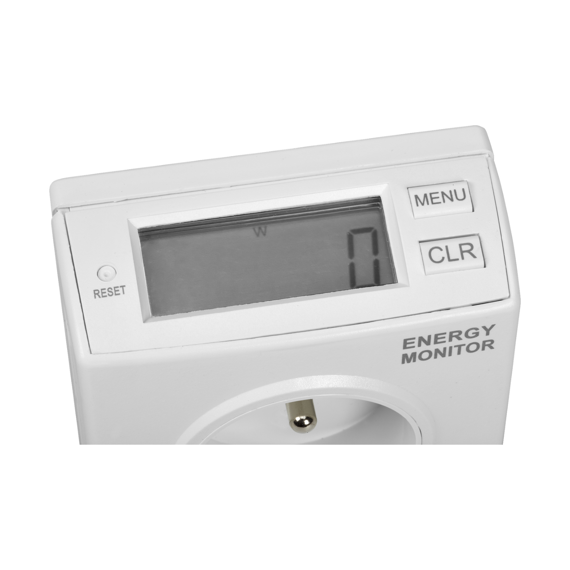 Zbliżenie licznika energii elektrycznej Anslut pokazuje na jego cyfrowym ekranie odczyt zera. Urządzenie wyposażone jest w przyciski MENU, CLR i RESET, z gniazdem umieszczonym pod wyświetlaczem. Obudowa jest oznaczona jako MONITOR ENERGII.