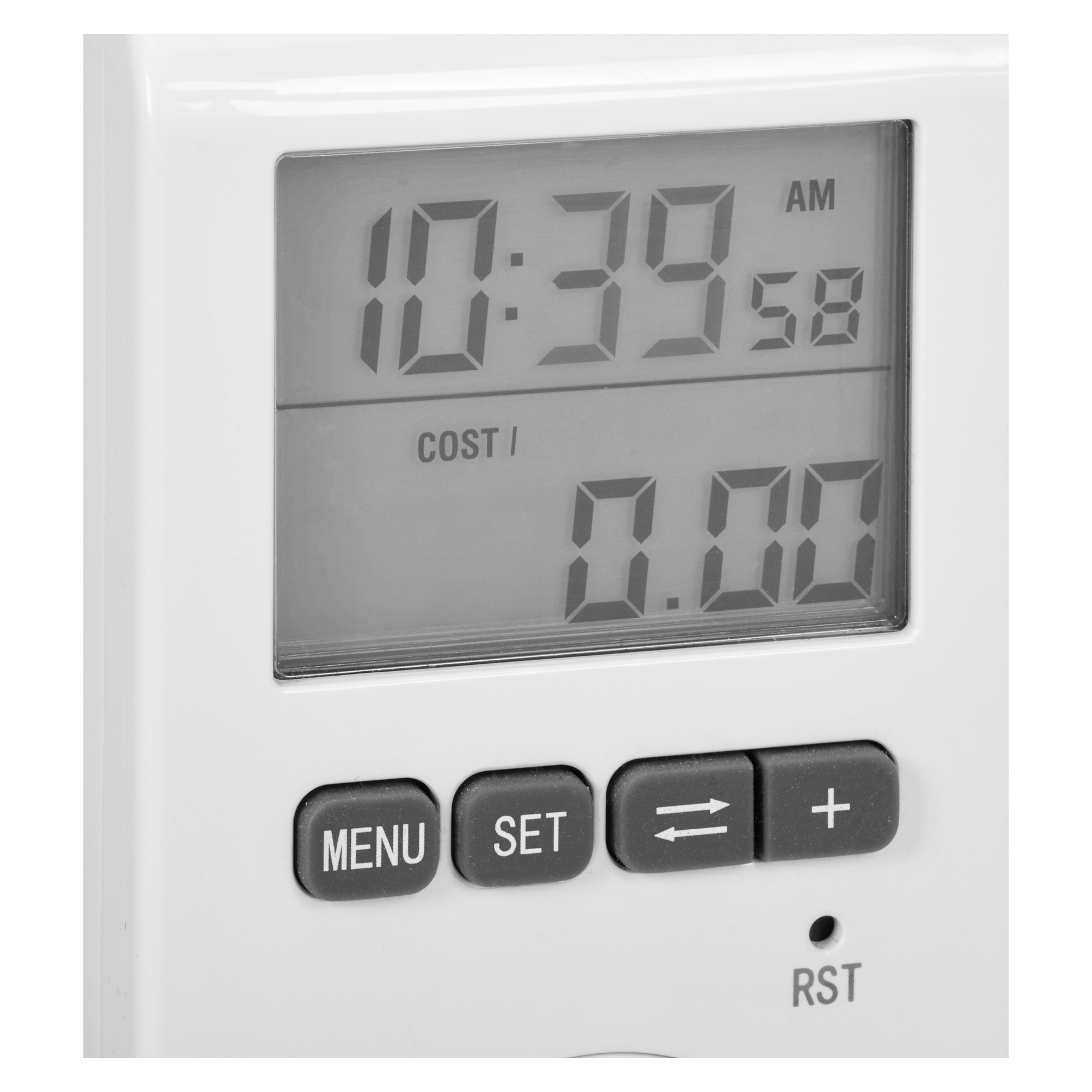 Licznik energii elektrycznej Anslut z cyfrowym ekranem pokazuje godzinę 10:39:58 i koszt 0,00. Pod wyświetlaczem znajdują się cztery czarne przyciski oznaczone jako MENU, SET, strzałka w lewo i strzałka w prawo, a także okrągły przycisk oznaczony RST do resetu.