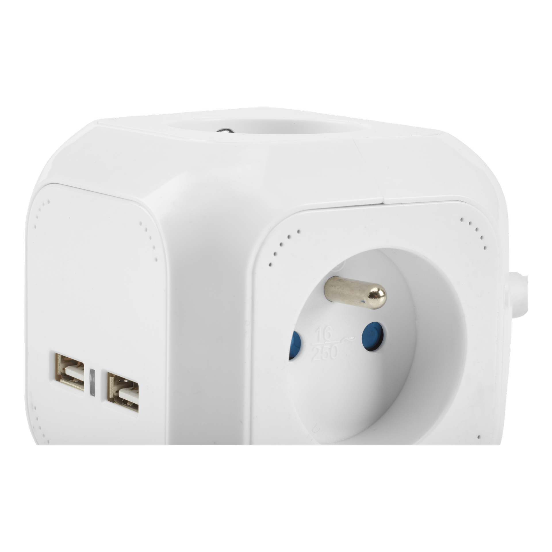 Zbliżenie listwy zasilającej Anslut podkreśla gniazdo w stylu europejskim, dwa porty USB oraz częściowe gniazdo widoczne po lewej. Projekt jest elegancki i minimalistyczny.