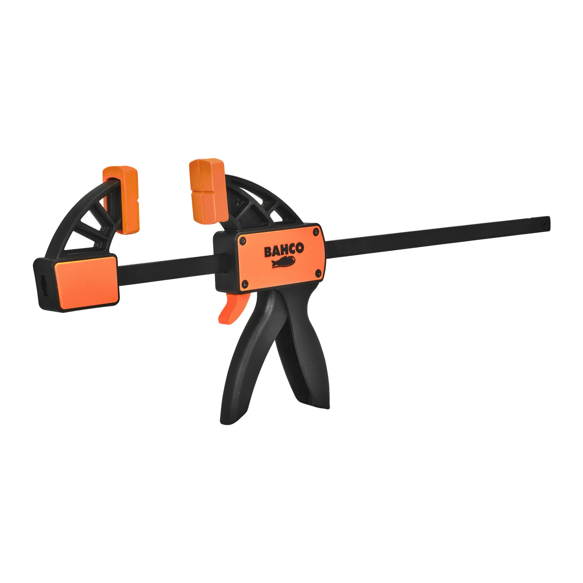 En orange och svart Bahco Quick clamp QC-300A med ett framträdande avtryckarhandtag, designad för att klämma fast material ordentligt vid träarbete eller andra uppgifter.
