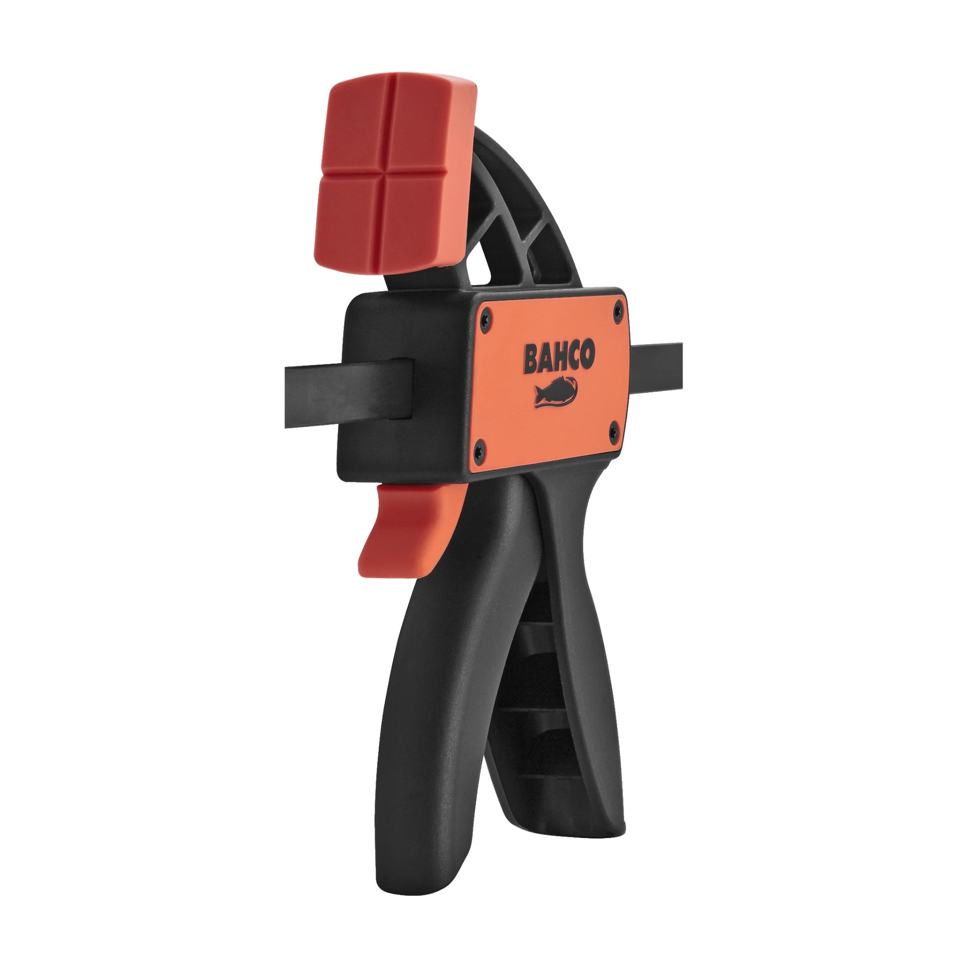 Bahco Quick Clamp QC-300A står upprätt och visar sitt orange och svarta avtryckarhandtag samt vadderade klämplattor.