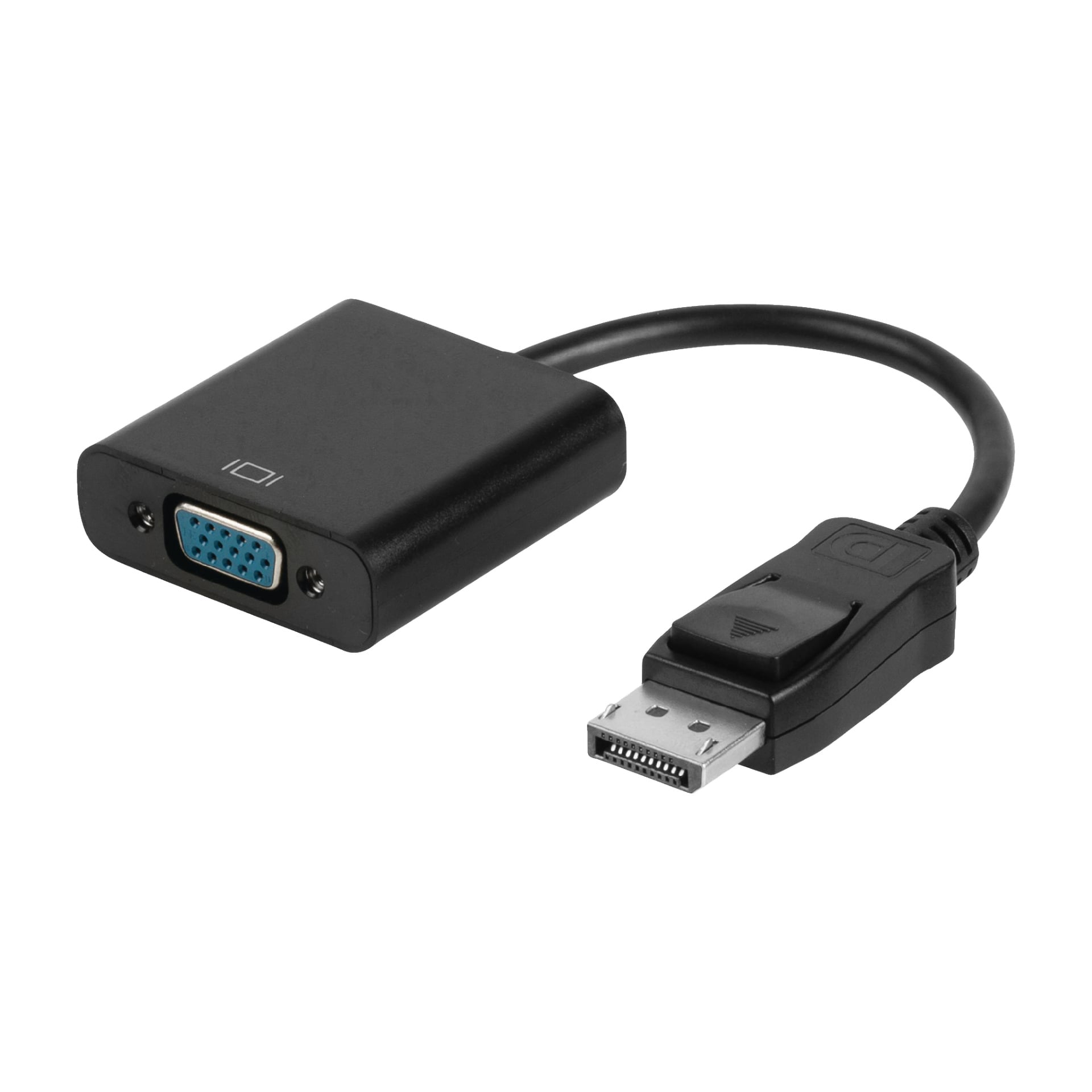 En svart Nedis DisplayPort till VGA-adapter med en kort kabel, som visar en DisplayPort-hankontakt på ena sidan och en VGA-honkontakt på den andra. Möjliggör anslutning från en DisplayPort-enhet till en VGA-skärm.