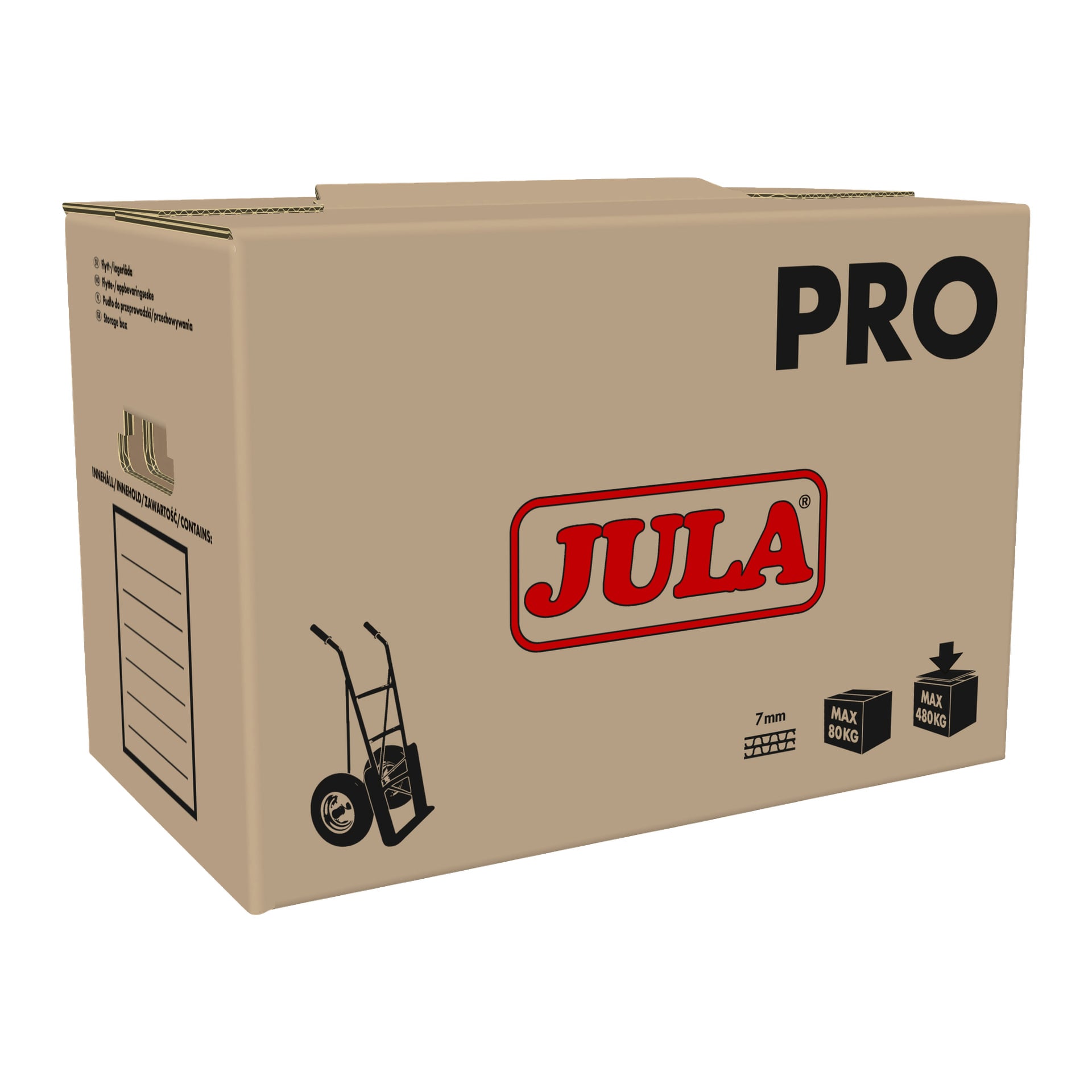 En stor Moving Box Pro fra Jula viser symboler som indikerer at den kan brukes med håndvogn, og har vektgrenser på 80 kg og 40 kg, sammen med en skrivbar etikettseksjon på siden. Boksen er lukket.