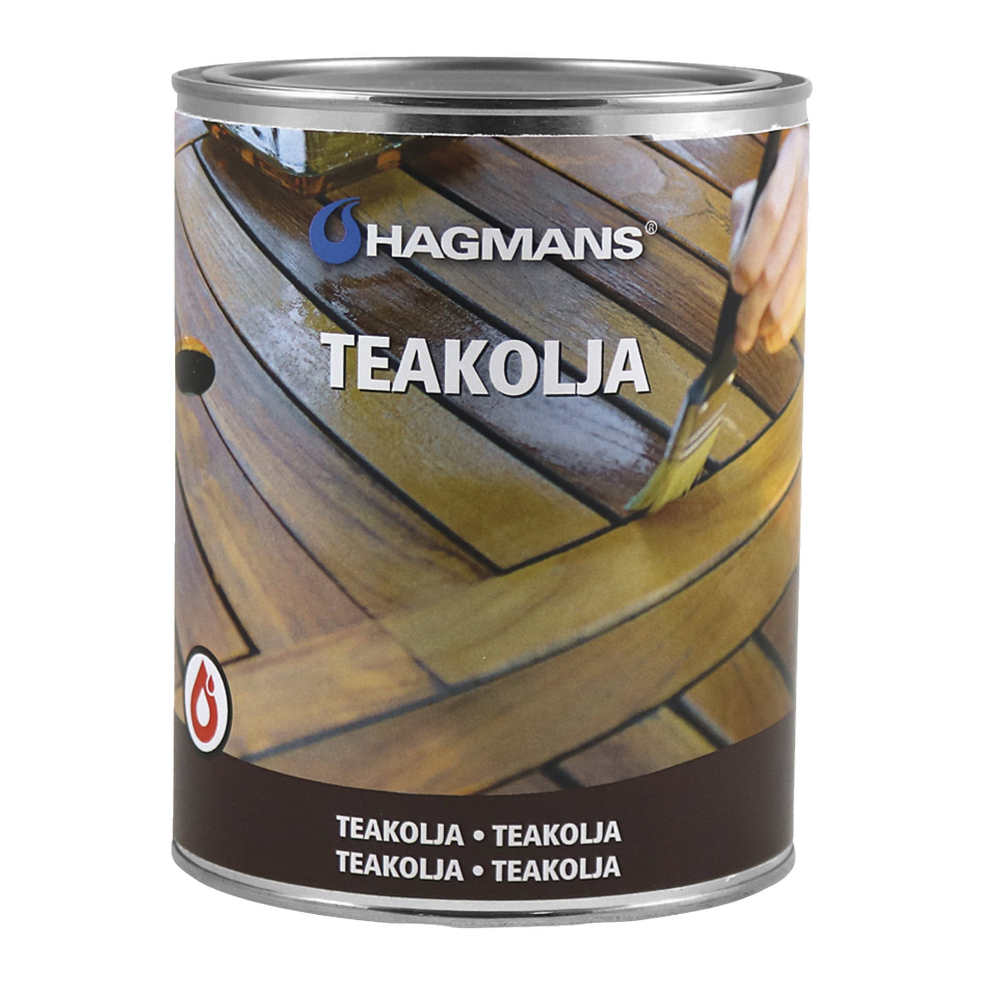 En Hagmans teakoljeburk med texten TEAKOLJA, som visar en hand som använder en pensel för att applicera olja på en träyta.