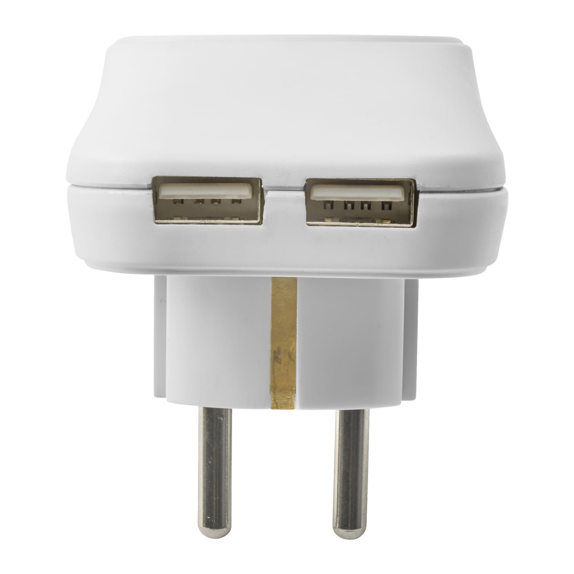 En hvit Anslut veggadapter med to USB-porter på oversiden og to runde metallpigger nederst, ment for direkte tilkobling til en stikkontakt.