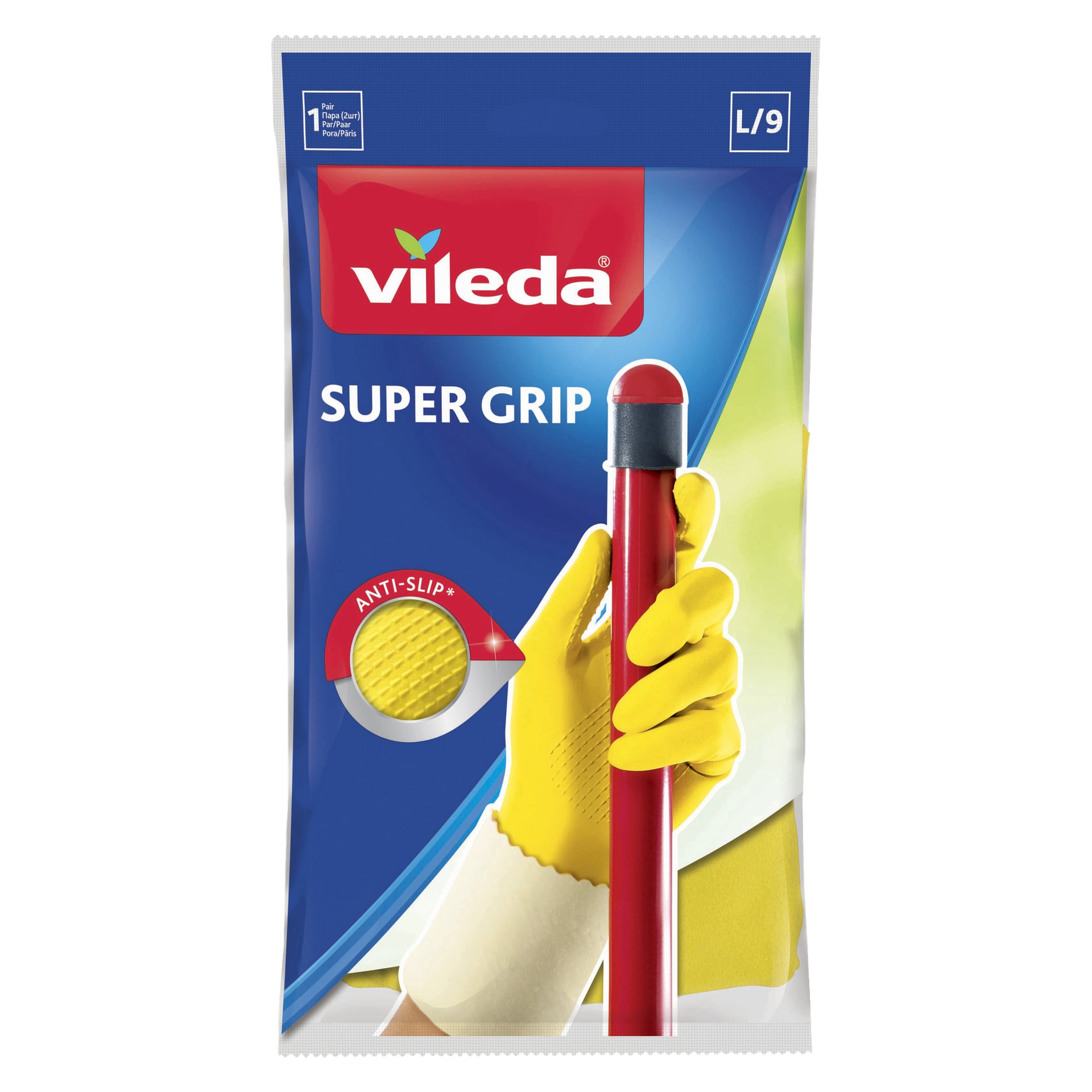 Vileda Household Gloves Super Grip-paketet visar en gul handskar som håller ett rött handtag, och en cirkulär grafik till vänster framhäver halkskyddet.