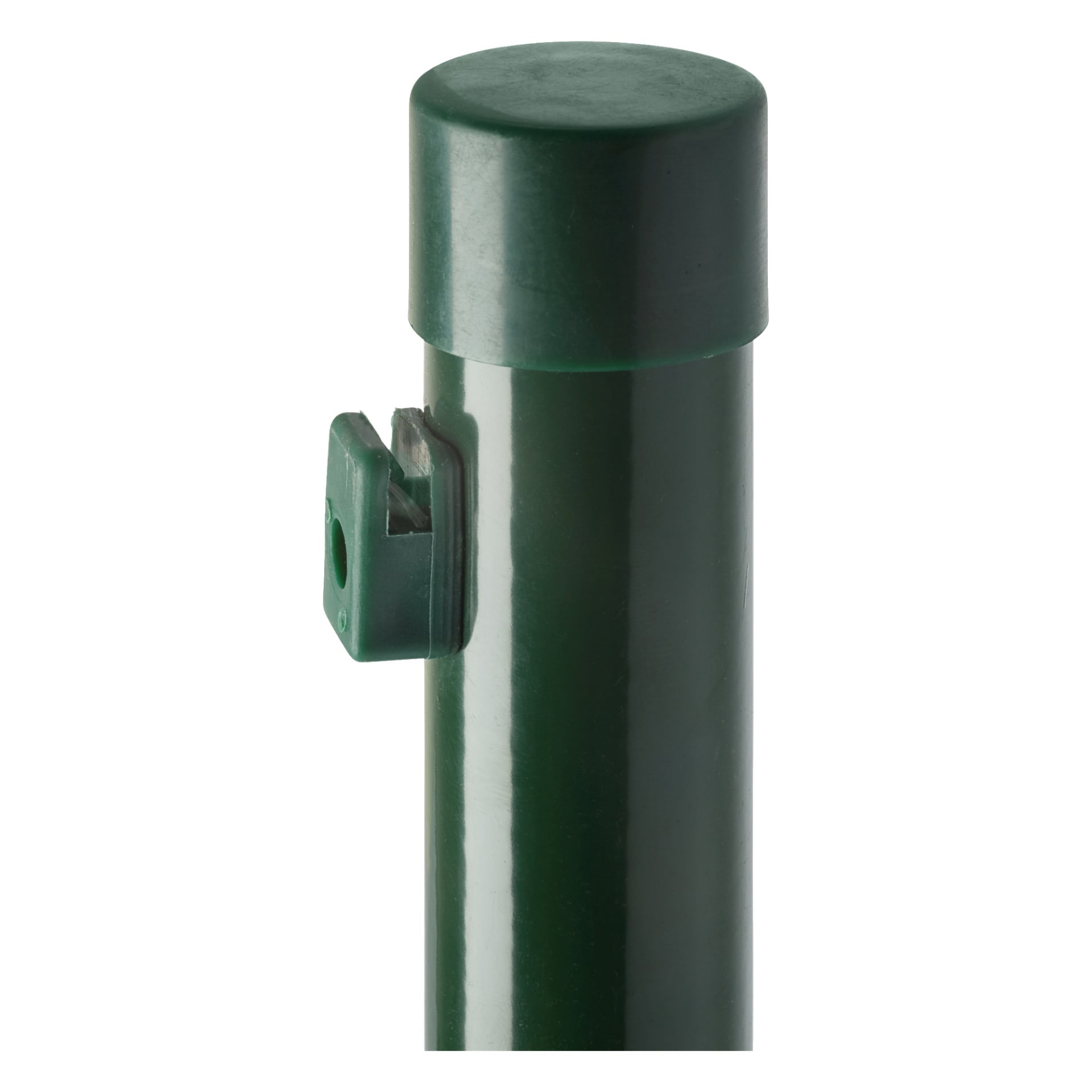 En närbild på en Axley Fence-stolpe visar dess gröna cylindriska metallform med ett plastlock ovanpå och ett sidofäste.