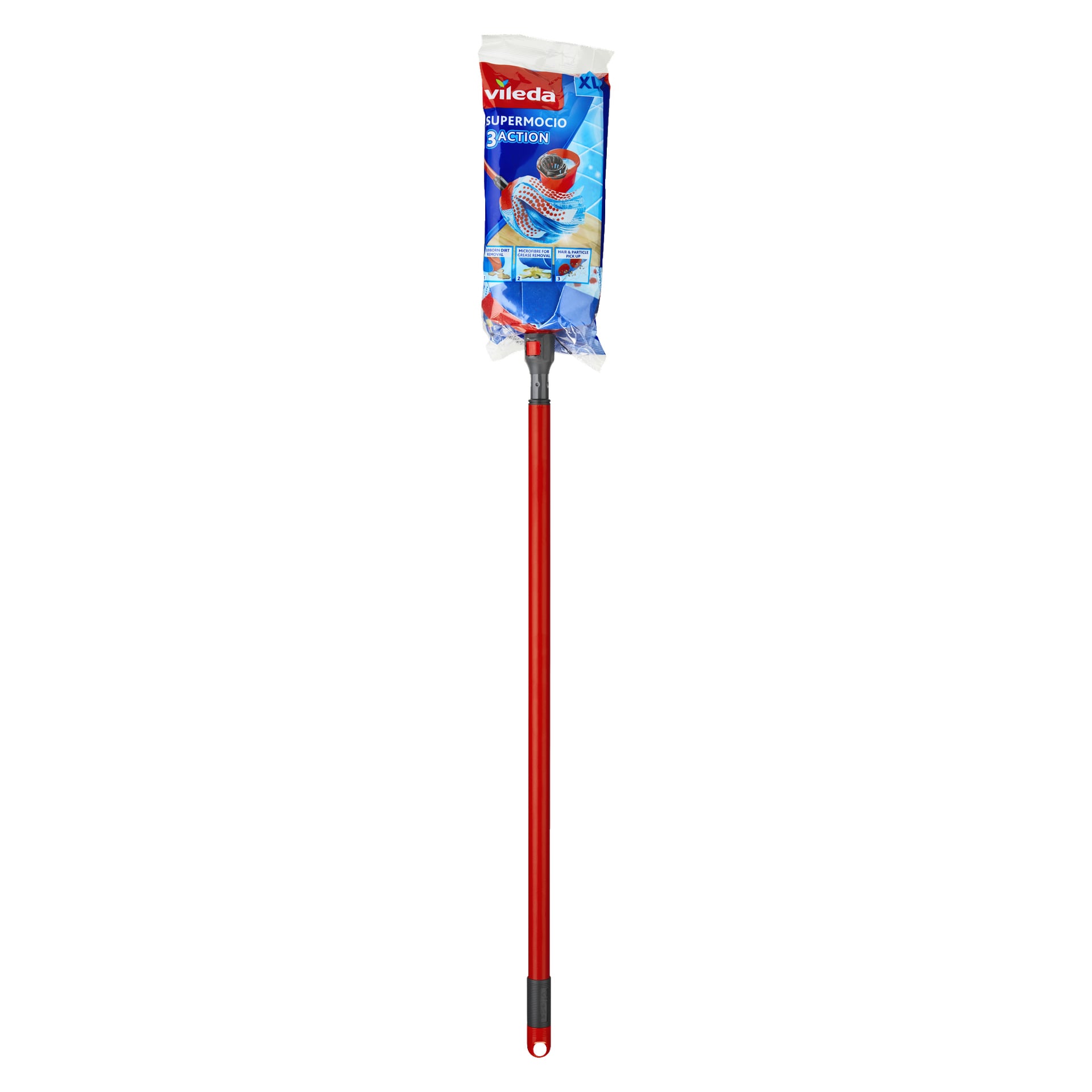 En Vileda Mop SuperMocio 3 Action i förpackningen, med ett rött handtag och ett mopphuvud med blå, vita och röda trådar, med synliga produktdetaljer på förpackningen.