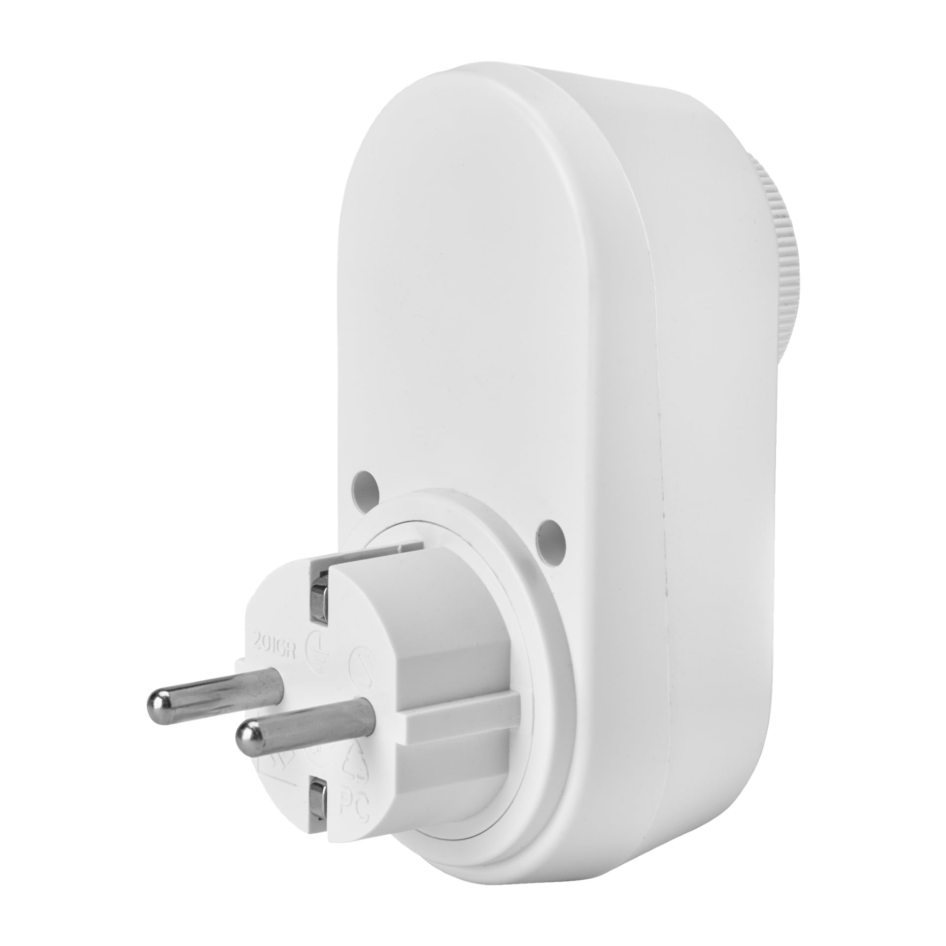 Lähikuva Anslut Dimmeristä, valkoisesta eurooppalaisesta sähköpistokkeen adapterista, jossa on kaksi pyöreää metallipiikkiä.