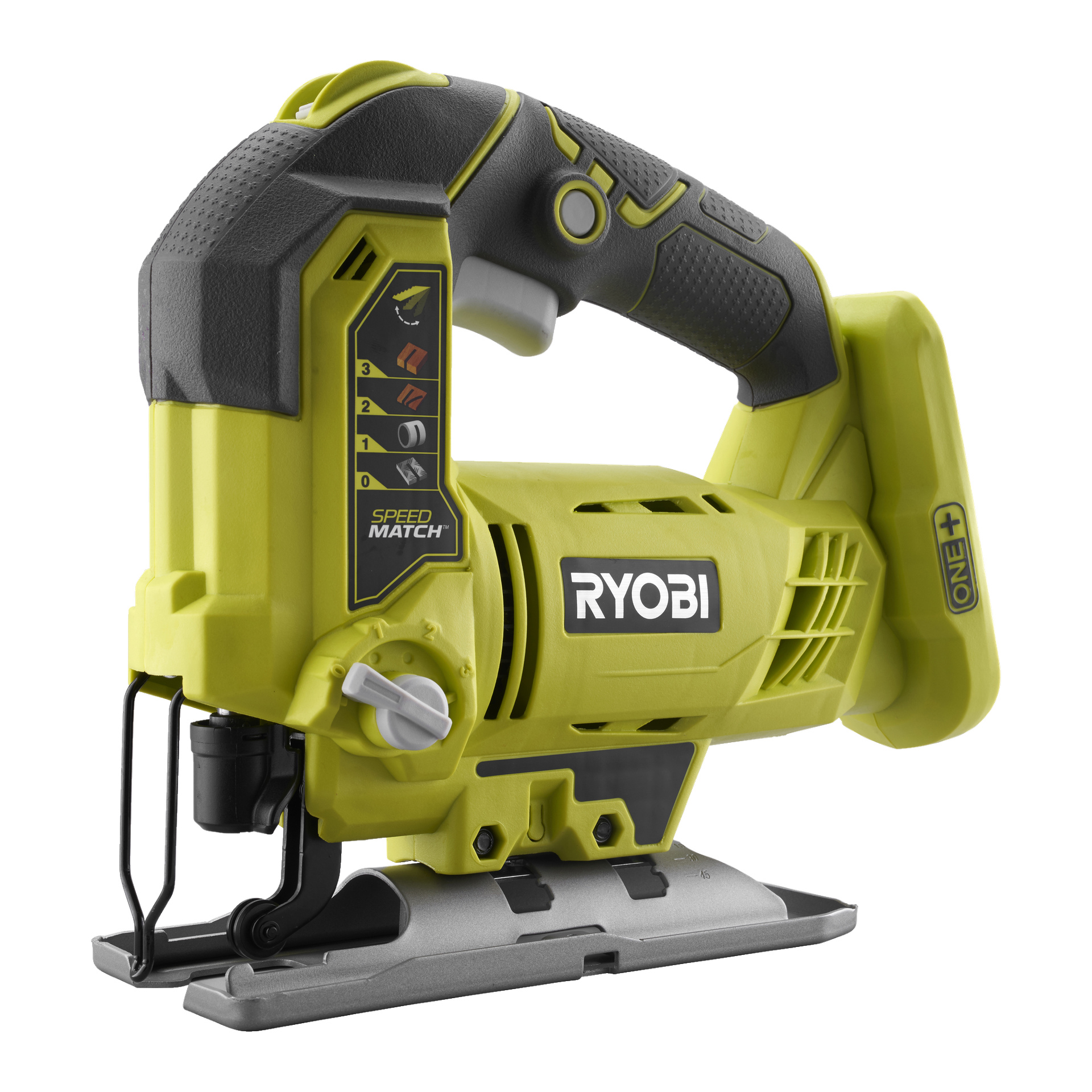 En Ryobi One+ Jigsaw R18JS-120S5 har en grön och svart kropp, tydliga knappar och grepp samt ett synligt sågblad längst ner, presenterat i trekvartsvy.