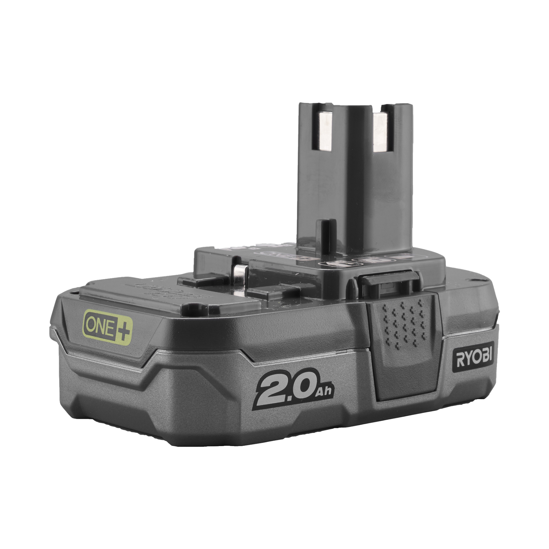 En Ryobi One+ Jigsaw R18JS-120S5 visas ur ett vinklande perspektiv, med framhävning av handtag och blad. Verktyget har en svart utsida med synliga detaljer för märkning och modell på sidan.