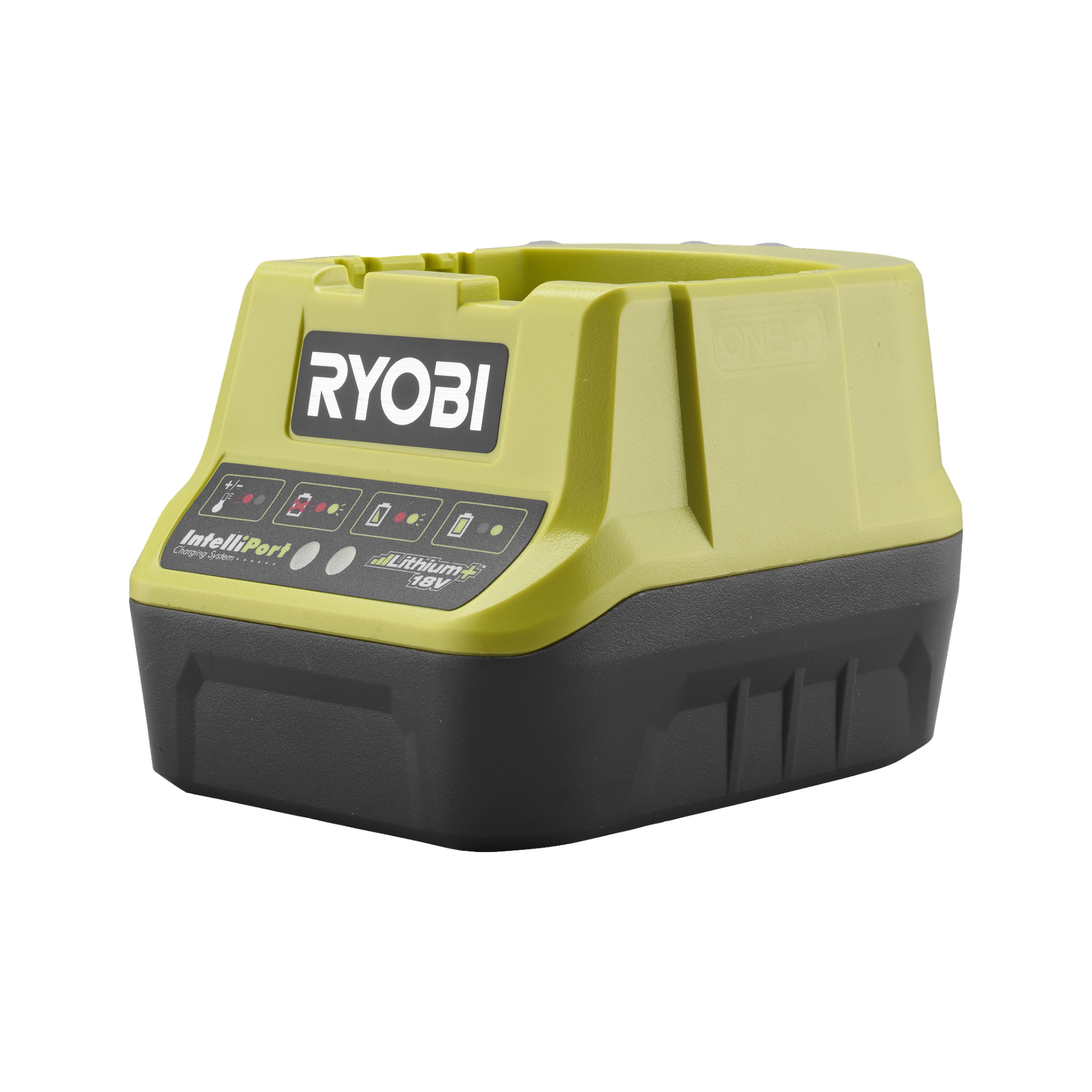 Ryobi One+ Jigsaw R18JS-120S5 har en gul och svart färgschema och drivs av 18V litiumjonbatterier. Framsidan har olika kontrollknappar och indikatorlampor, med Ryobi One+-logotypen tydligt synlig på den övre frontsektionen.