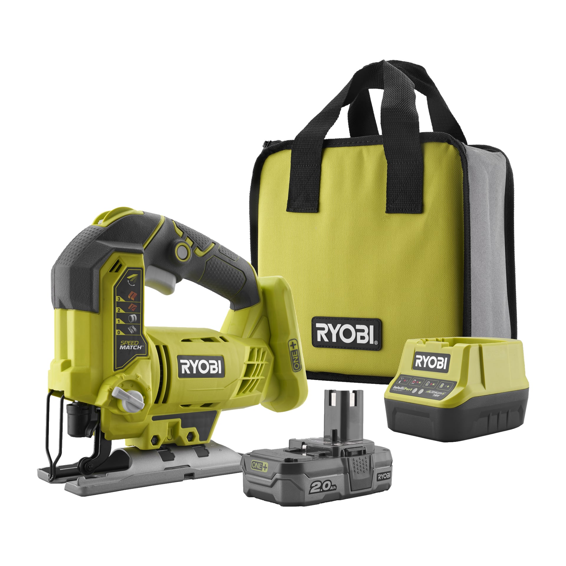 Ryobi One+ Jigsaw R18JS-120S5-set visas med medföljande batteri, laddare och märkt bärväska. Sticksågen är limegrön med svarta detaljer, utrustad med olika kontrollknappar och ett bekvämt handtag. Allt är prydligt placerat bredvid varandra.
