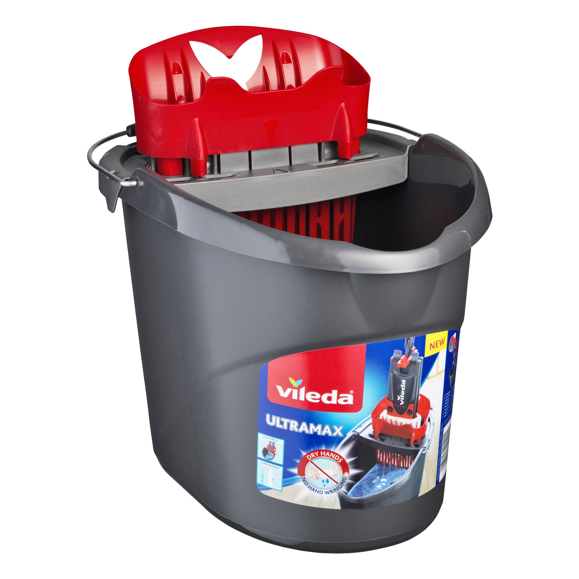 En grå Vileda UltraMax mopphink med en röd wringer-tillbehör. Framsidan av hinken har Viledas logotyp, produktbilder och varumärke.