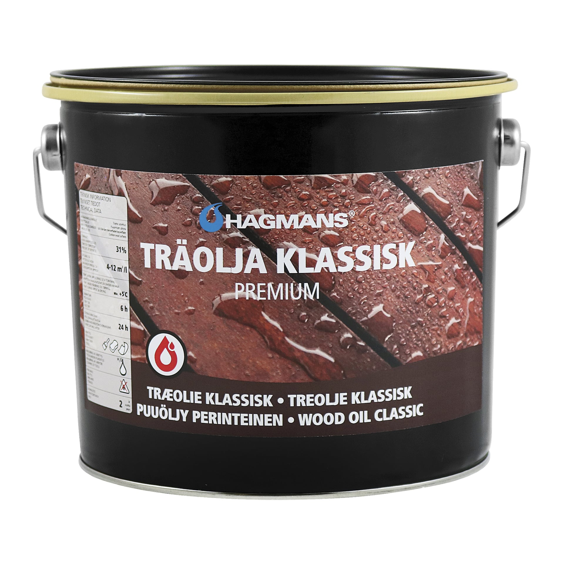 En svart metallburk med färg märkt Hagmans Wood oil Classic Premium, med en bild av våta träbrädor.
