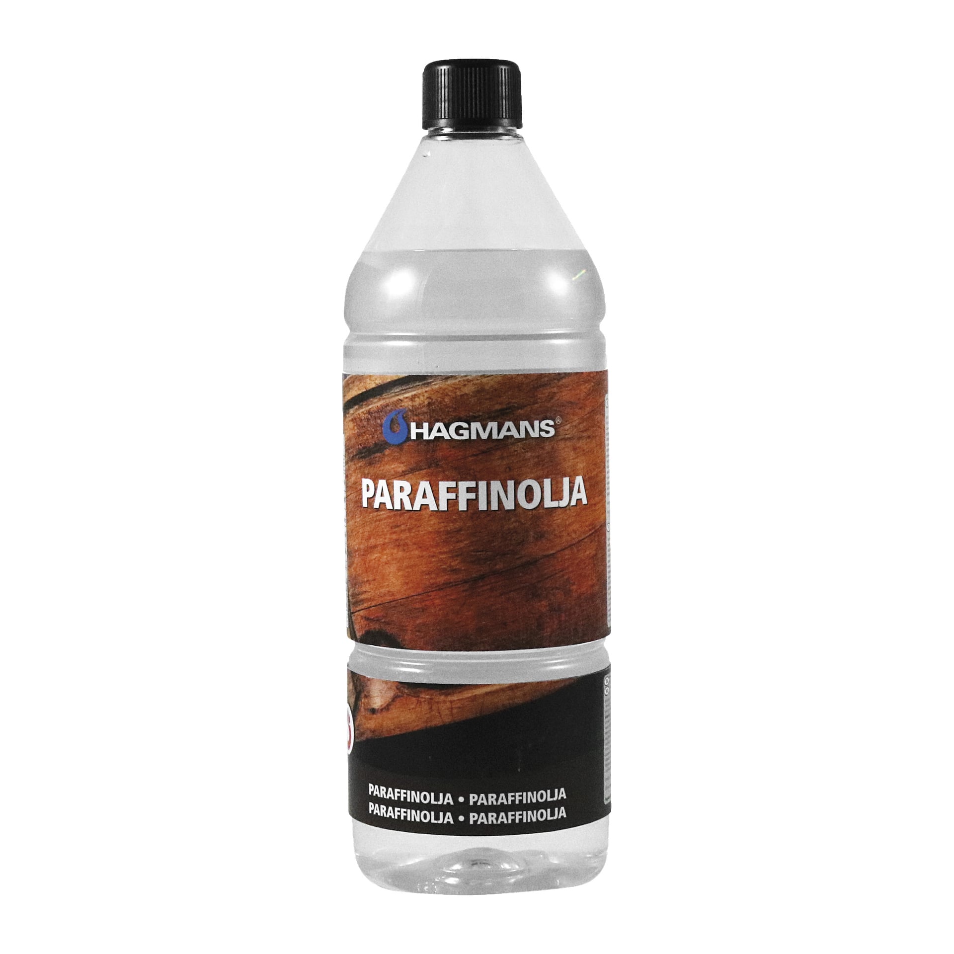 Klar plastflaske med Hagmans parafinolje med svart kork og en etikett med treårebilder.