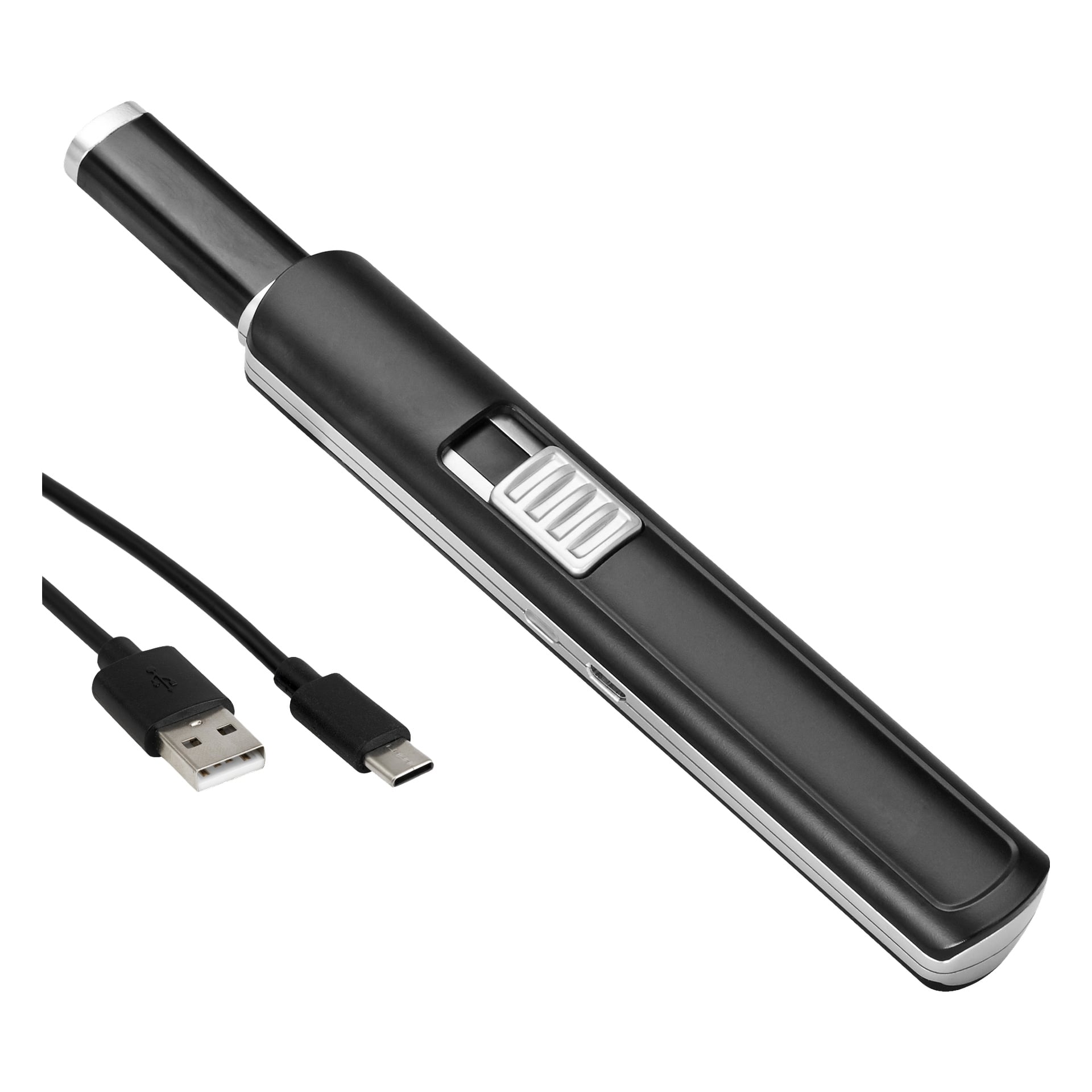 En svart Menuett USB-lighter med en sølvfarget tenningsbryter vises ved siden av USB-C-ladekabelen.