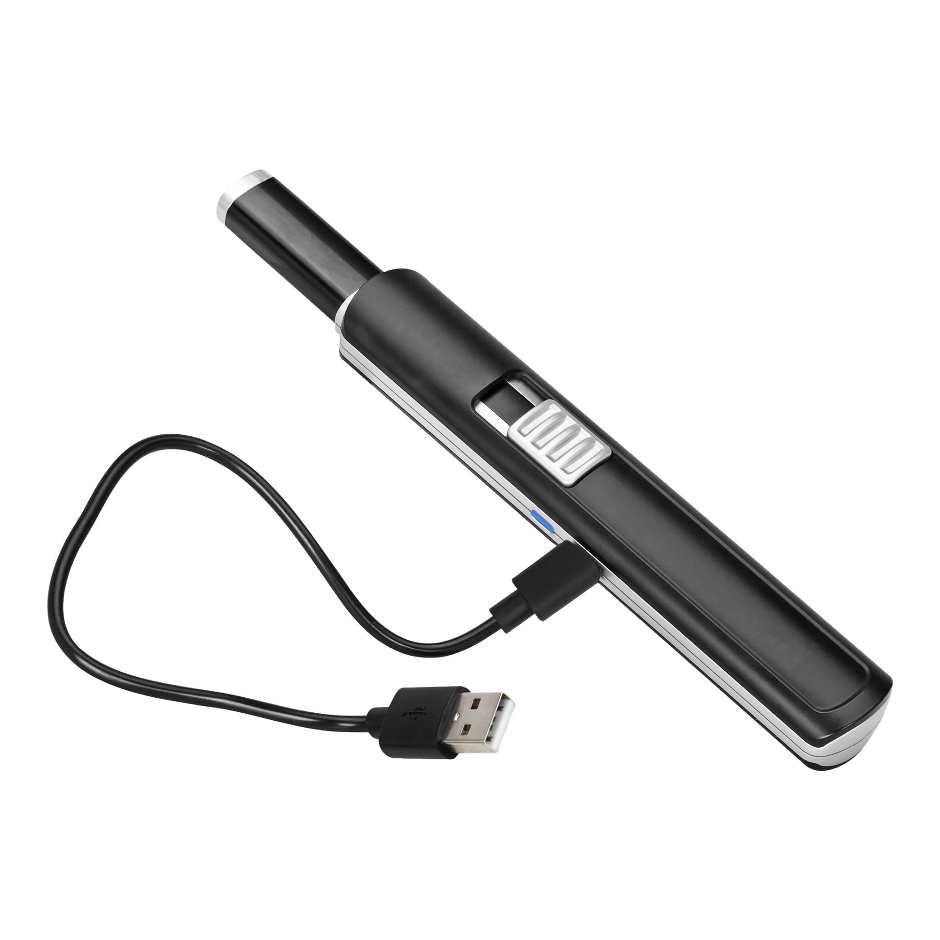 En svart Menuett USB-lighter med sølvdetaljer og en teksturert tenningsknapp, vist med USB-ladekabelen festet.