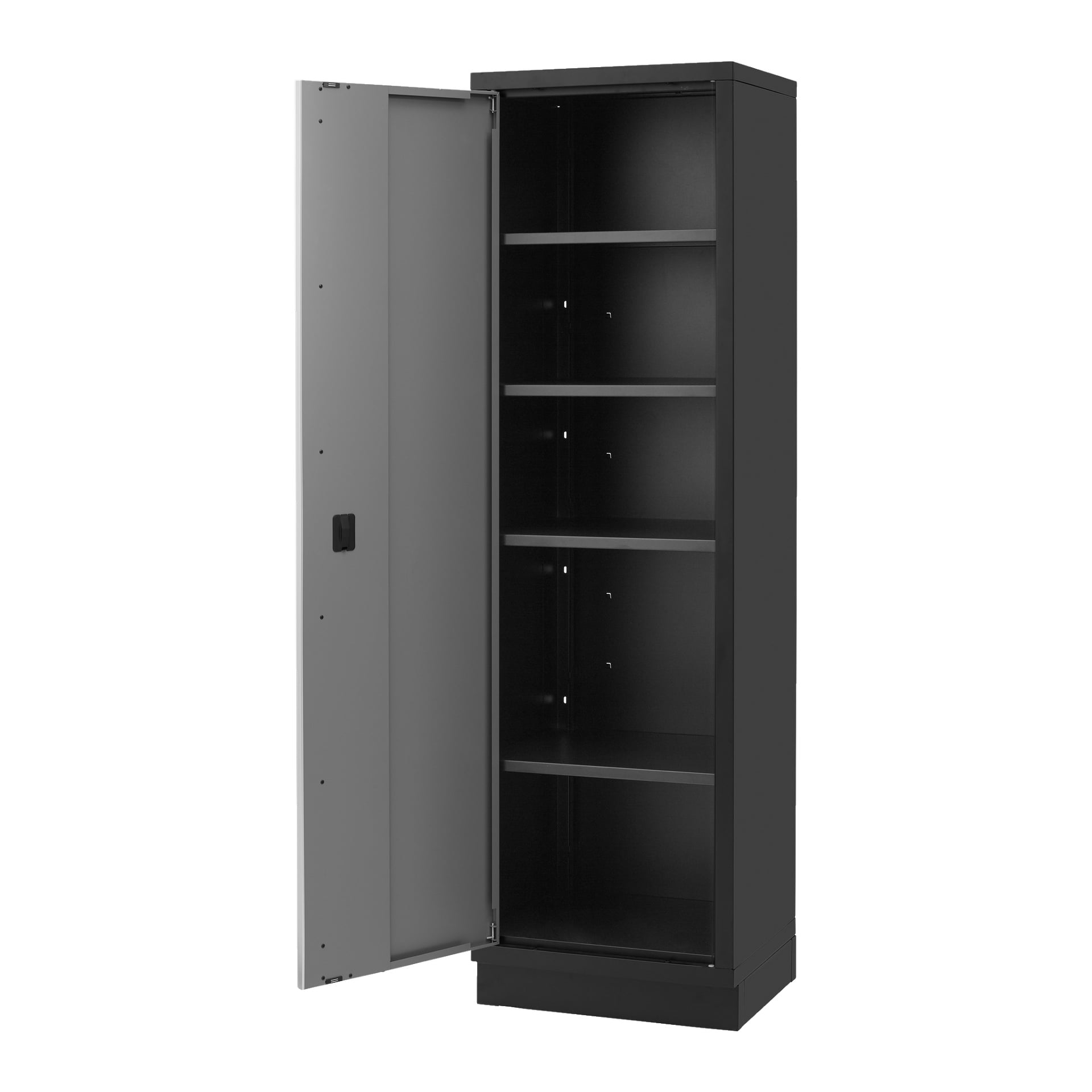 Et høyt, svart metall Hard Head Storage-skap med en grå åpen dør avslører fire tomme hyller inni.