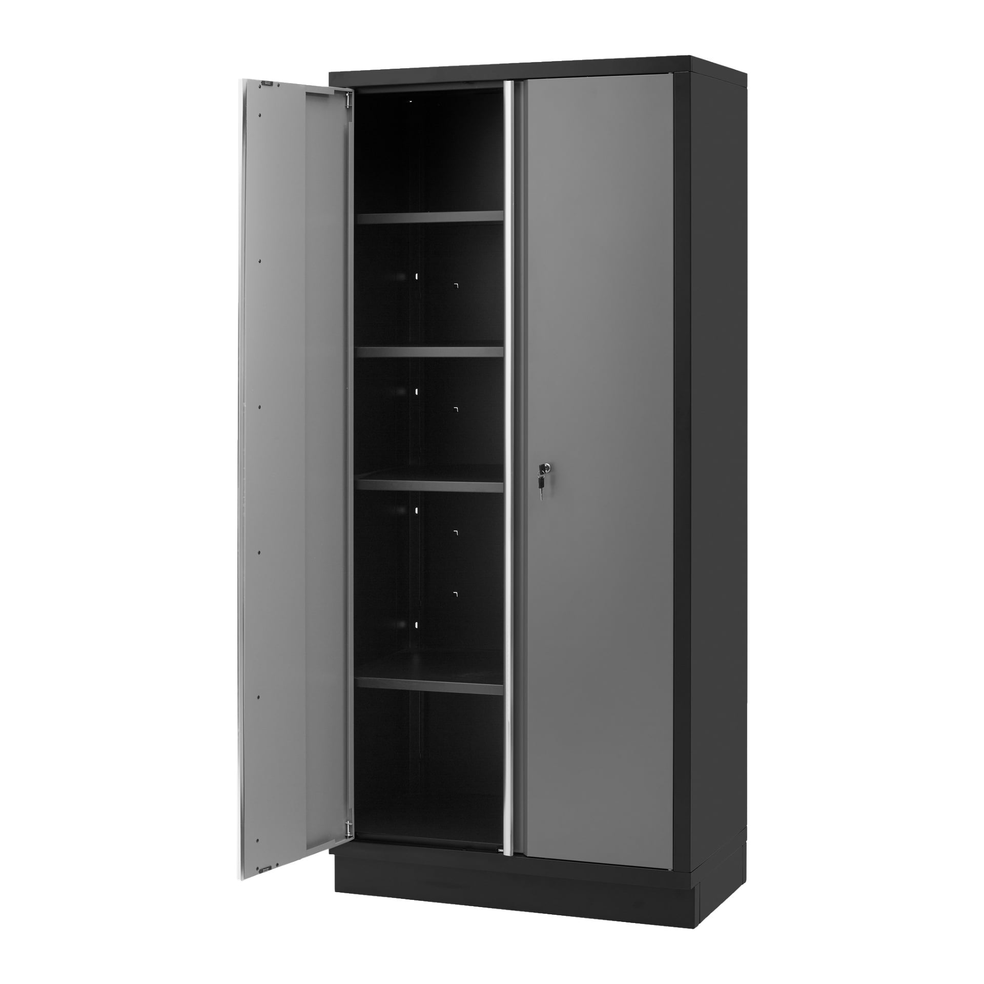 Korkea metallikaappi mustassa ja harmaassa, Hard Head Storage Cabinet 2 Doorissa on neljä säädettävää hyllyä sisällä, lukko yhdessä ovessa ja yksi osittain avoin ovi.
