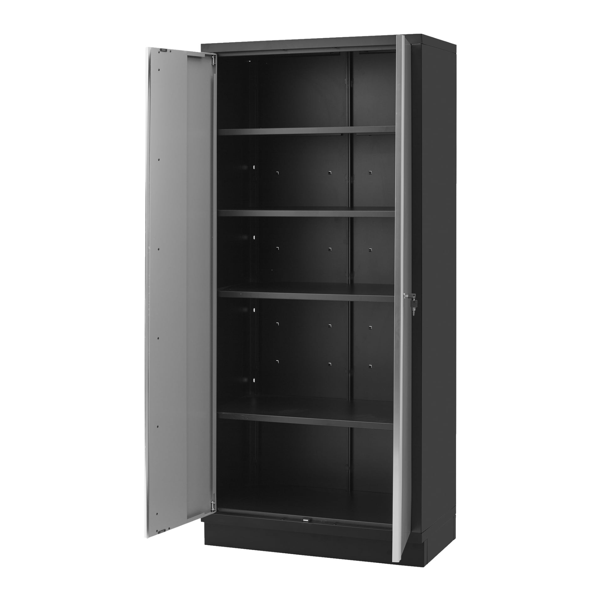 Hard Head Storage -kaappi kahdella ovella on korkea, musta metalliyksikkö, jossa on neljä säädettävää hyllyä ja yksi auki oleva ovi. Sisätila on tyhjä ja oikean oven lukko näkyy hyvin.