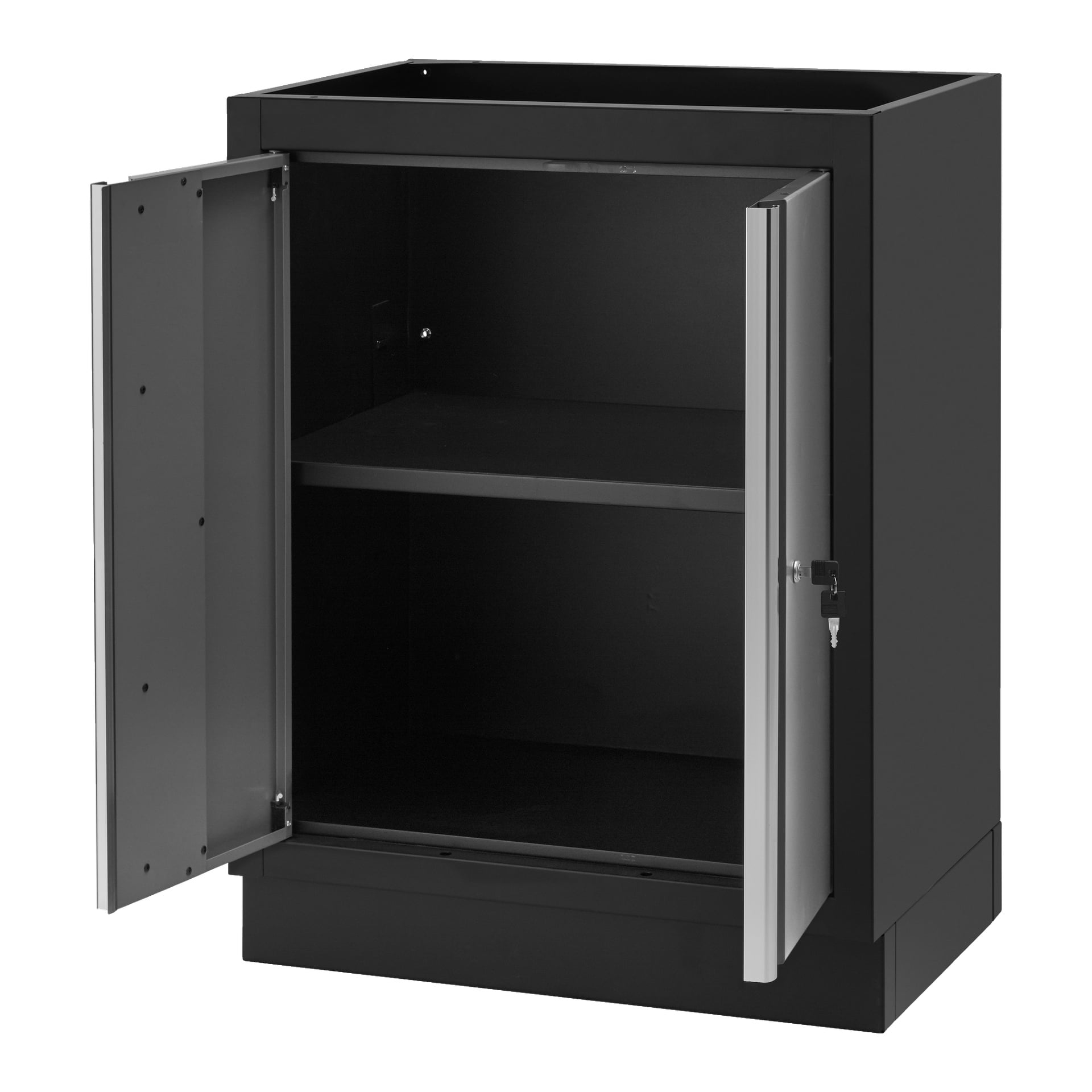 Szafka narzędziowa Hard Head z dwoma drzwiami to metalowa jednostka magazynowa. Oba drzwi są otwarte, pokazując wewnętrzną półkę, a jedne drzwi mają zamek i dziurkę od klucza. Szafka jest pusta.