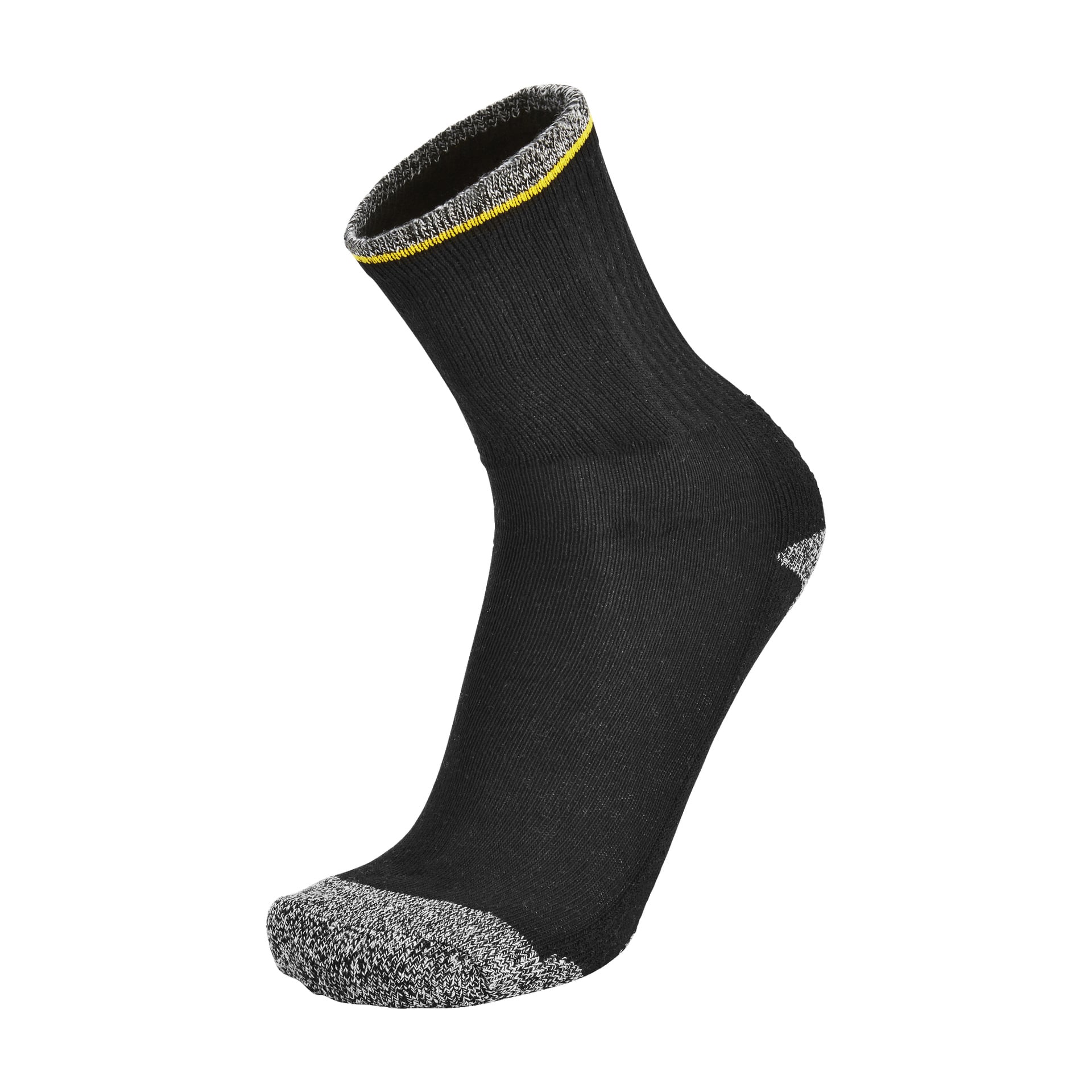 En enkelt svart Bluewear Work-sokk fra et 3-pars sett, med grå detaljer på tå, hæl og mansjett, pluss en tynn gul stripe som går rundt toppen, står oppreist.