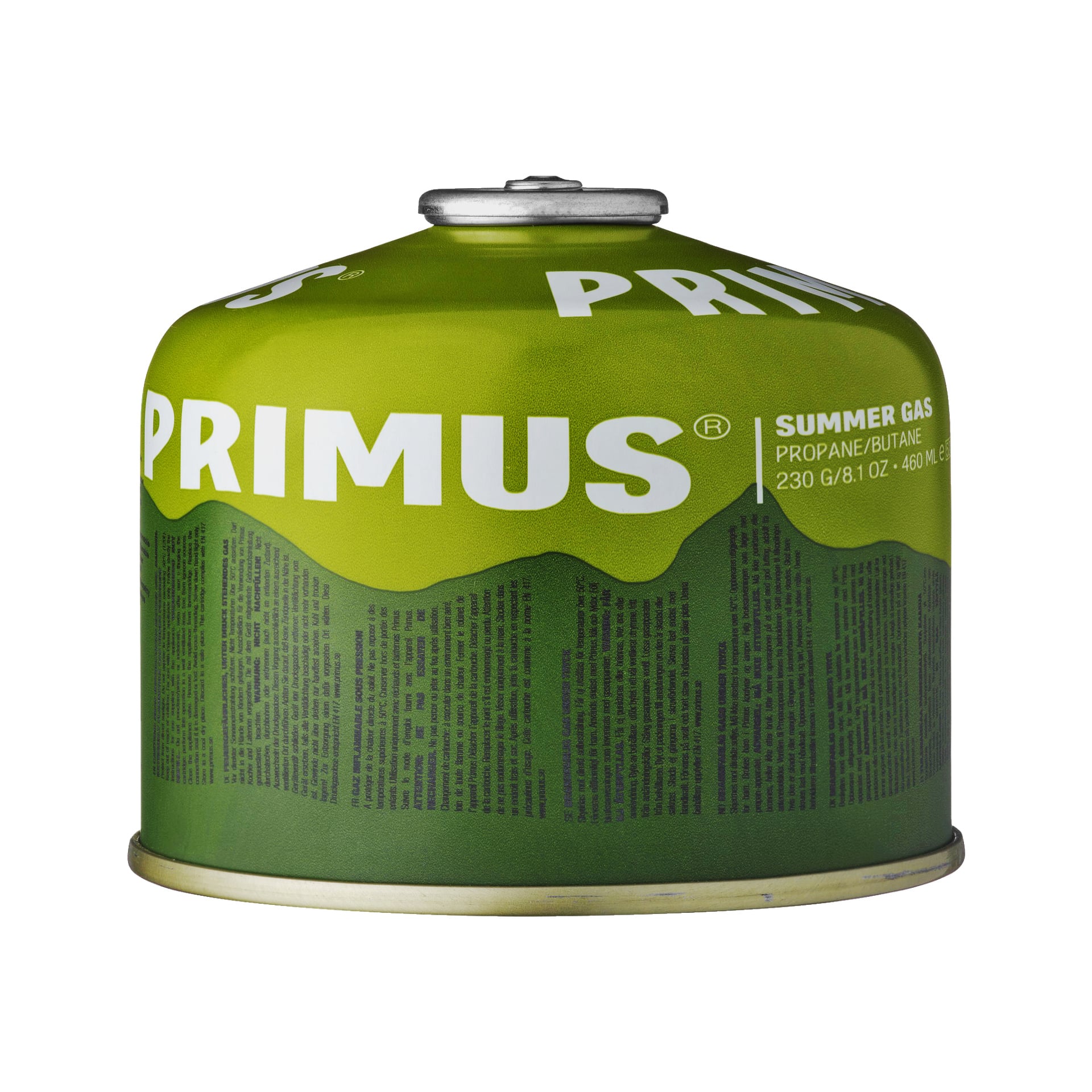 Vihreä-keltainen Primus Gas Summer -kanisteri hopeisella korkilla, merkitty propaanille ja butaanille, ja joka sisältää 230 g (8,1 oz) eli 460 ml – sopiva retkeilyyn tai ulkoiluun.