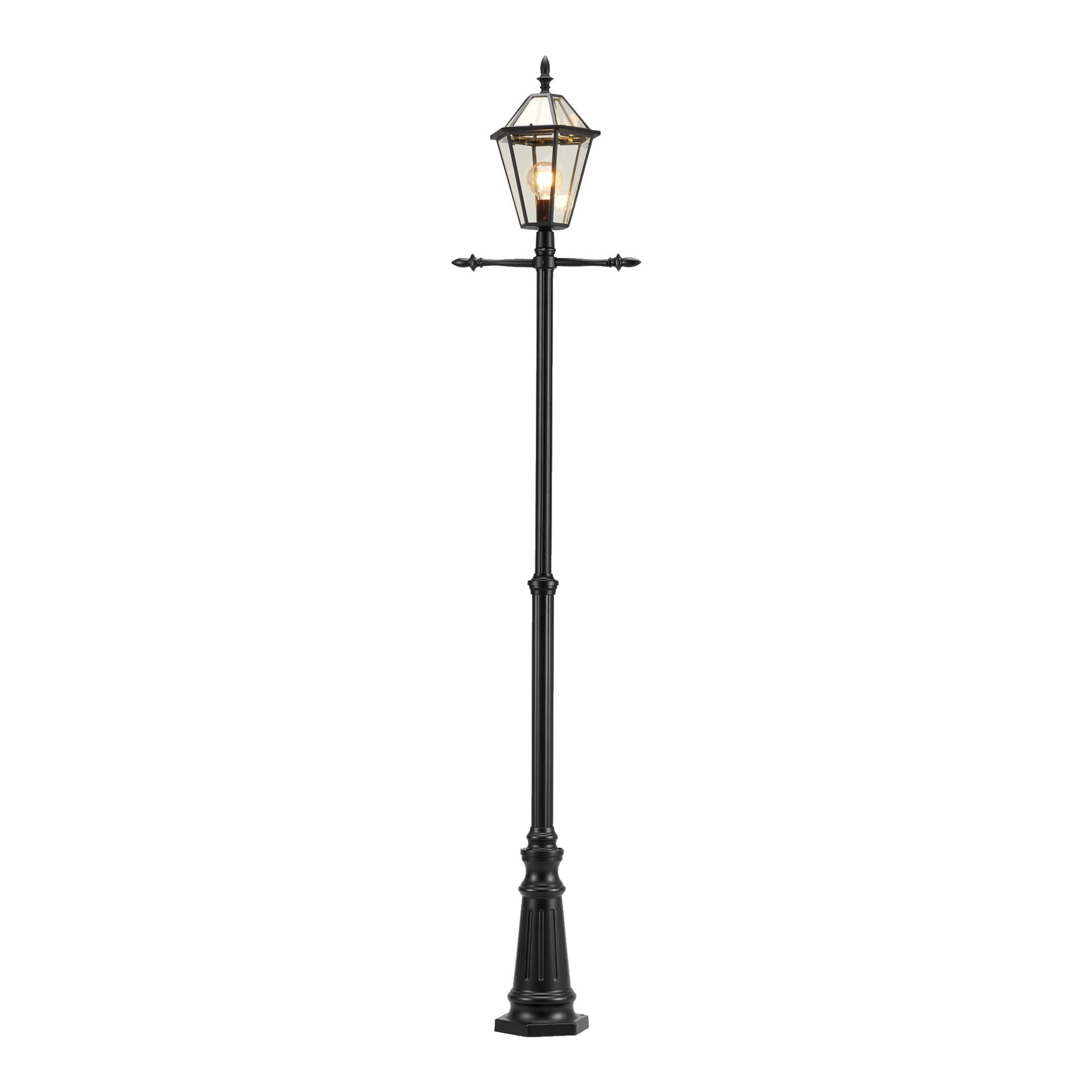 Anslut-lyktstolpe med svart metallfinish, utsmyckad detalj och en solid, utsvängd bas. Lyktan har klara glaspaneler och avslöjar en enda glödlampa inuti.