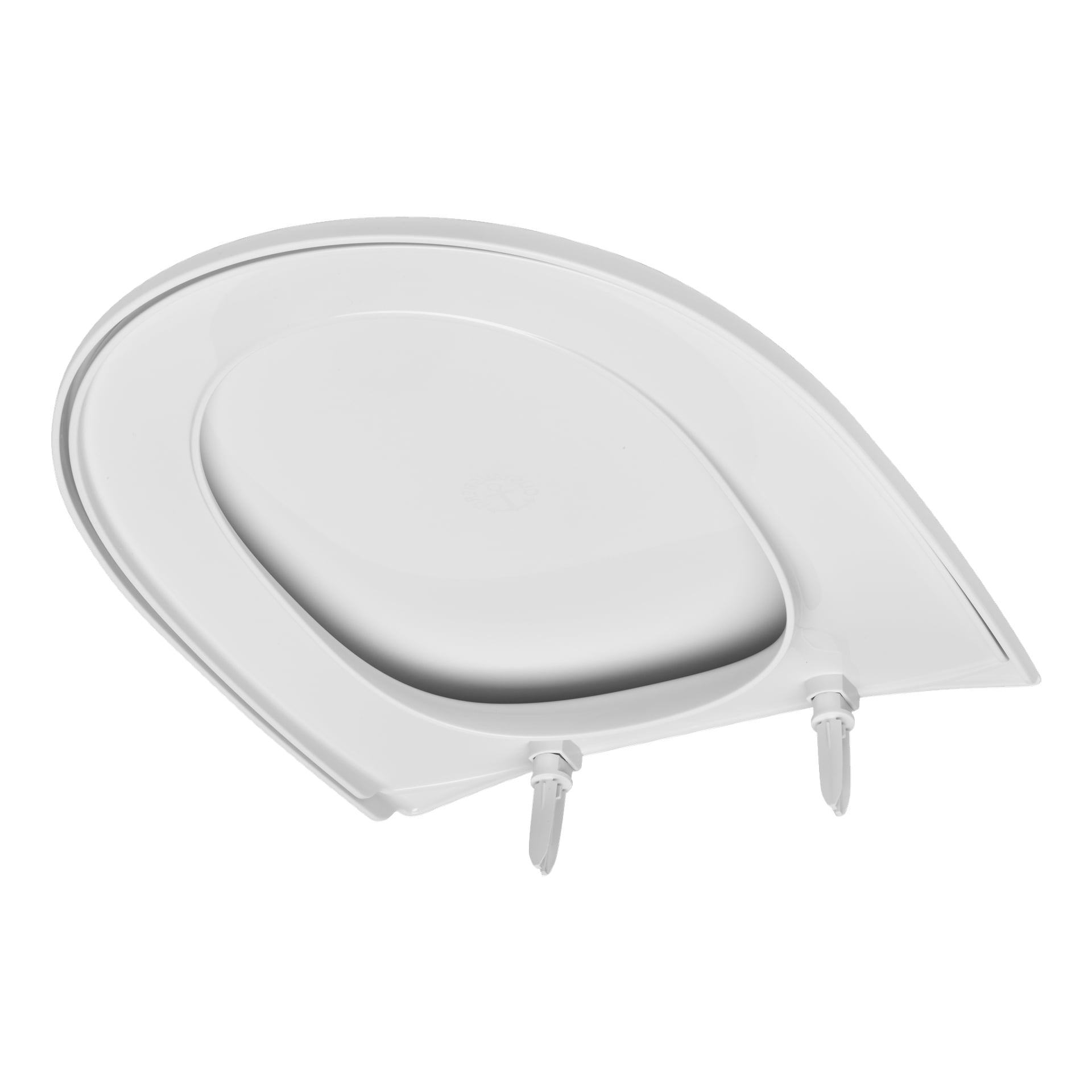 En hvit plast Toilet Seat Nautic fra Gustavsberg med to hengsler i bunnen og en slank, litt kantete, moderne form.
