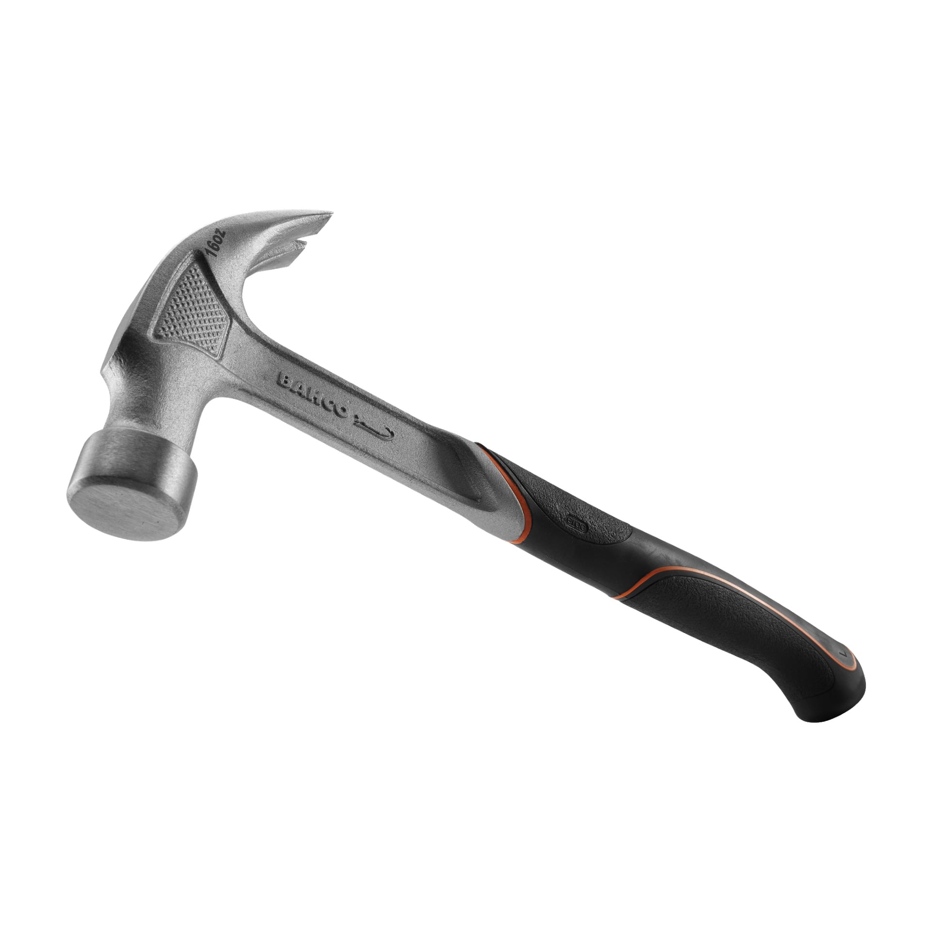 En Bahco Carpenters Hammer 529-16-L Ergo har ett metallhuvud graverat med Bahco-varumärket och 16 oz, tillsammans med ett svart och orange handtag.