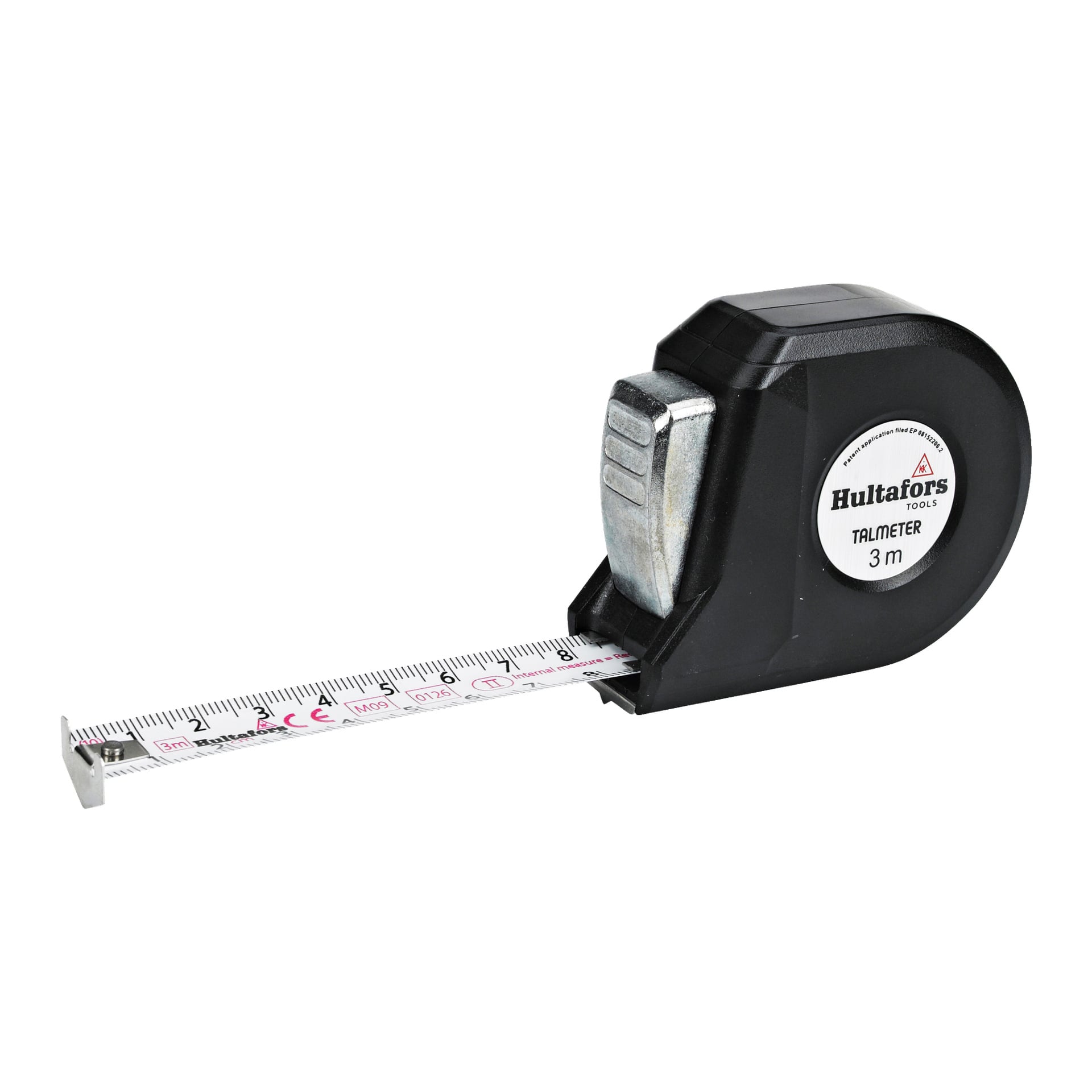 Ett svart och silverfärgat Hultafors Talmeter-markeringsmått är utdraget och visar mätmarkeringar upp till 3 meter. Etiketten säger Hultafors Talmeter-märkning som mått 3 m, och bandets metallspets är synlig i änden.