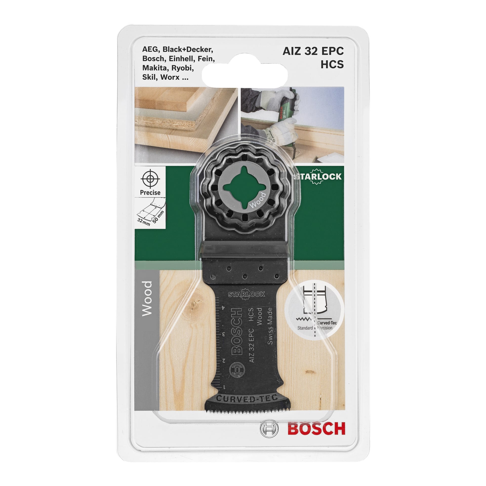 Et Bosch AIZ 32 ECS oscillerende flerverktøyblad vises i butikkpakken, ment for å kutte tre. Emballasjen har Bosch-merking, lister opp kompatible verktøymerker, og inneholder et bilde som viser bladet som brukes.