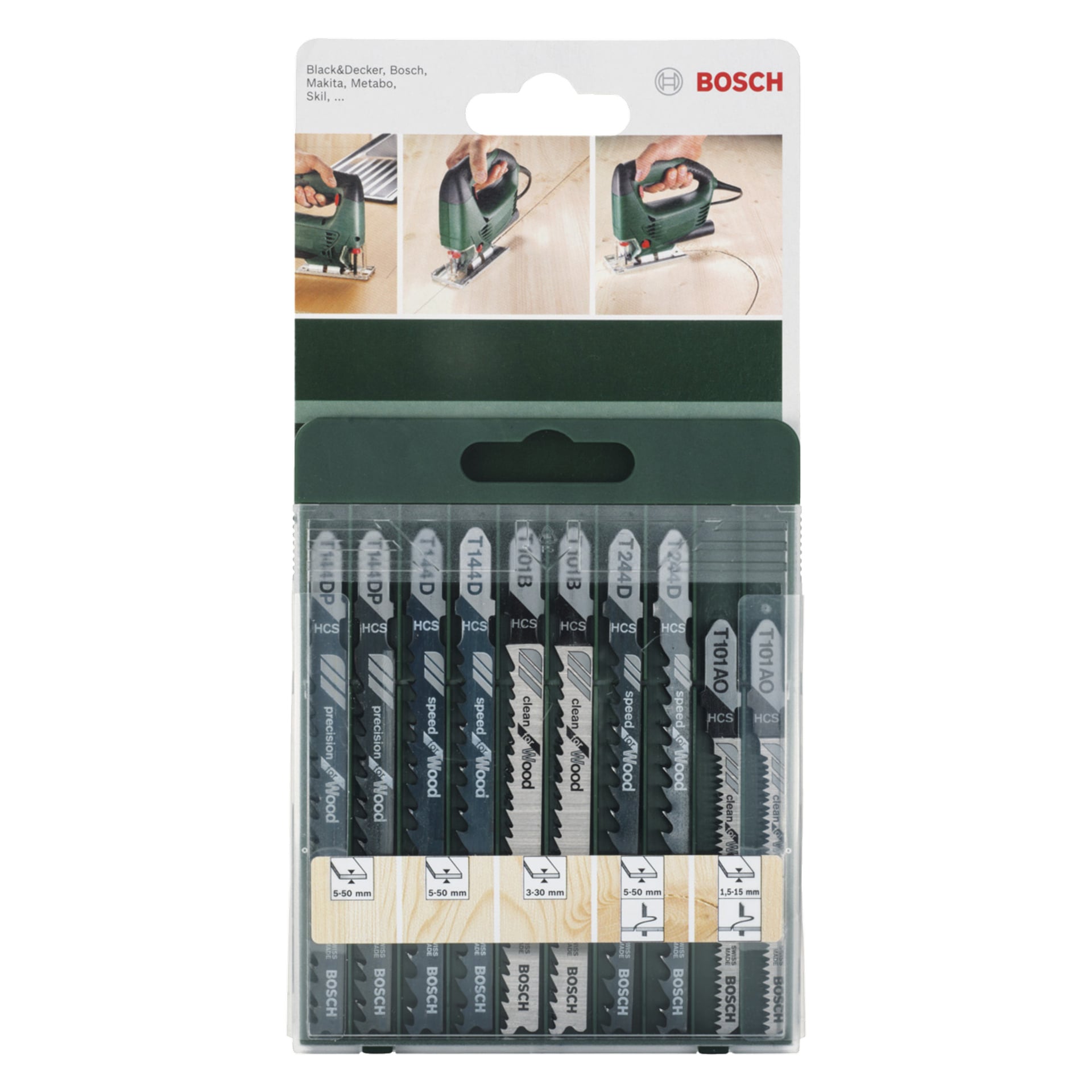 Ett Bosch-pusselbladset med tio olika blad för träbruk är förpackat i klar plast, där varje blad är märkt för sitt syfte; Högst upp visar illustrationer en sticksåg som skär genom trä och laminerade material.