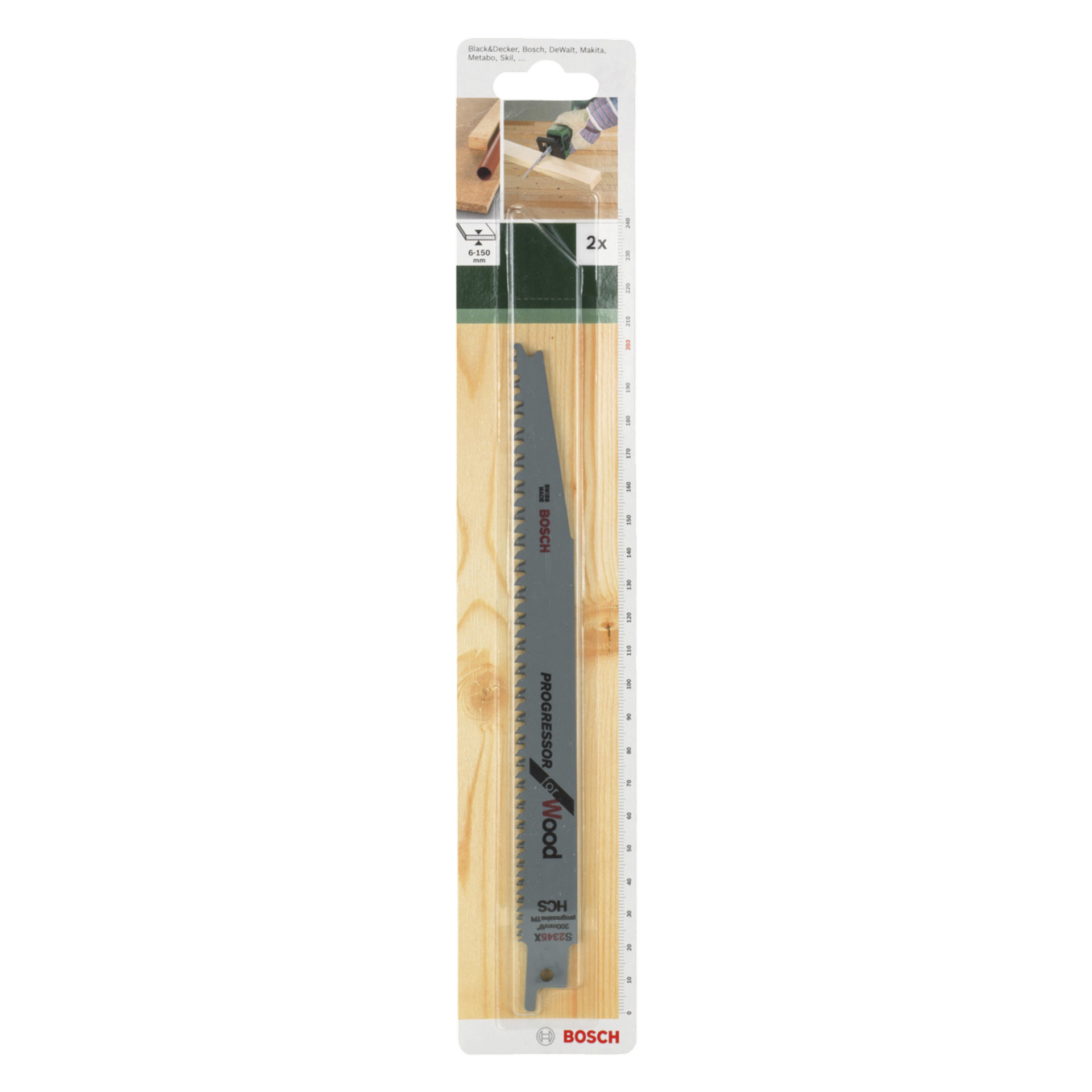 Ein Bosch S 2345 X Reciprocal Sägeblatt mit 2-Pack ist zu sehen, mit zwei kleinen Bildern, die das verwendete Sägeblatt zeigen. Das Paket enthält Produktspezifikationen und das Bosch-Logo am unteren Rand, mit zitierten Texten wie S 2345 X und 2 Pack.