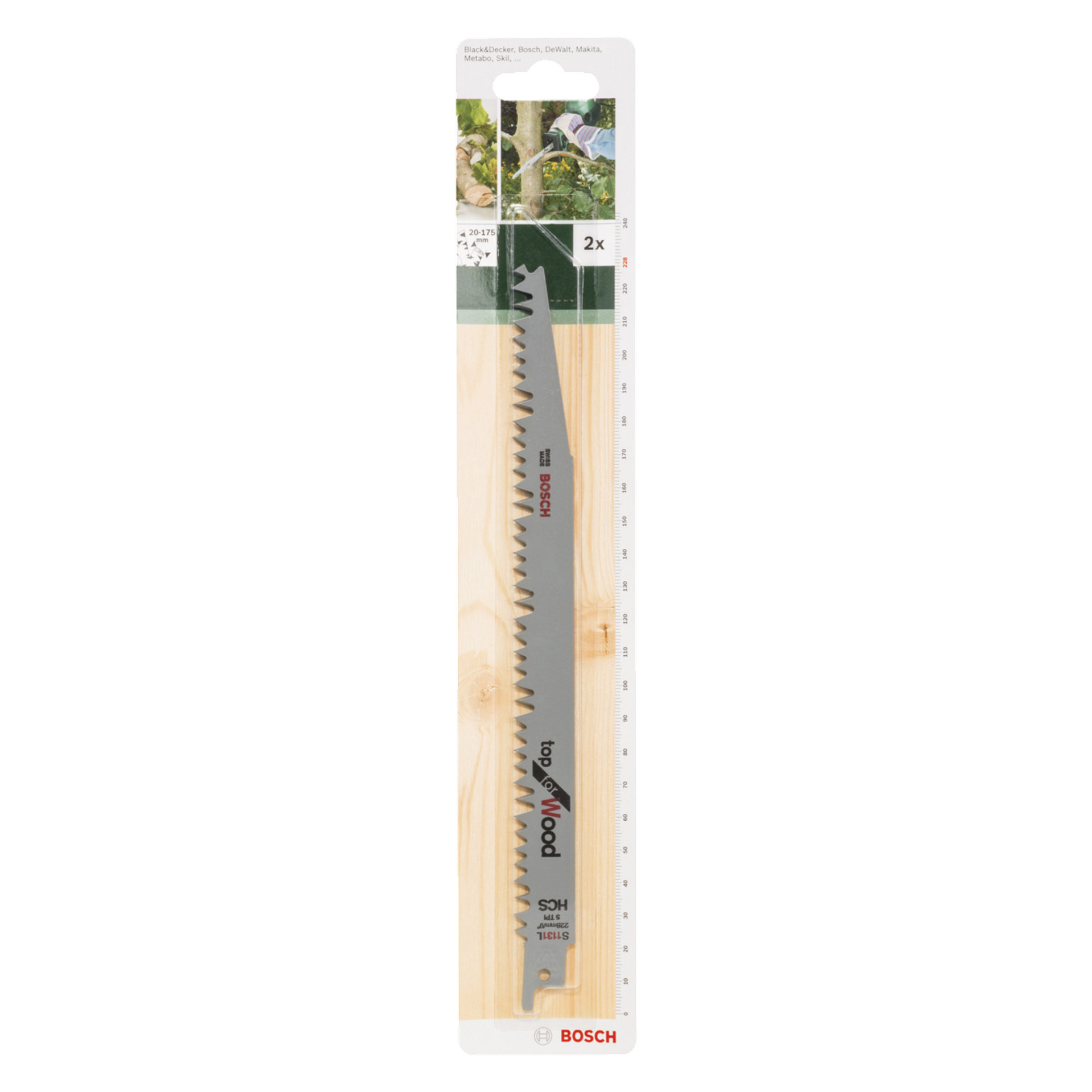 Bosch Reverprocal Saw Blade S 1131 L 2 -pakkaus kirkkaassa pakkauksessa puupinnalla, jossa on brändäys ja kuvia leikattavista oksista, tekstillä kuten puu.