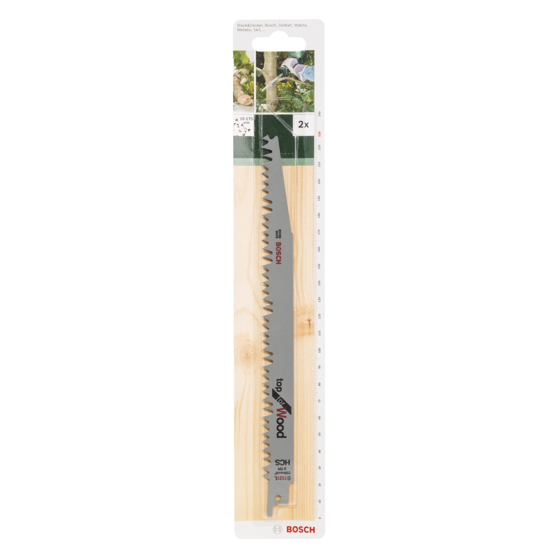 Bosch Reciprocal sågblad S 1131 L 2-pack i genomskinlig förpackning på en träyta, med märkning och bilder av trädgrenar som beskärs, med text som för trä.