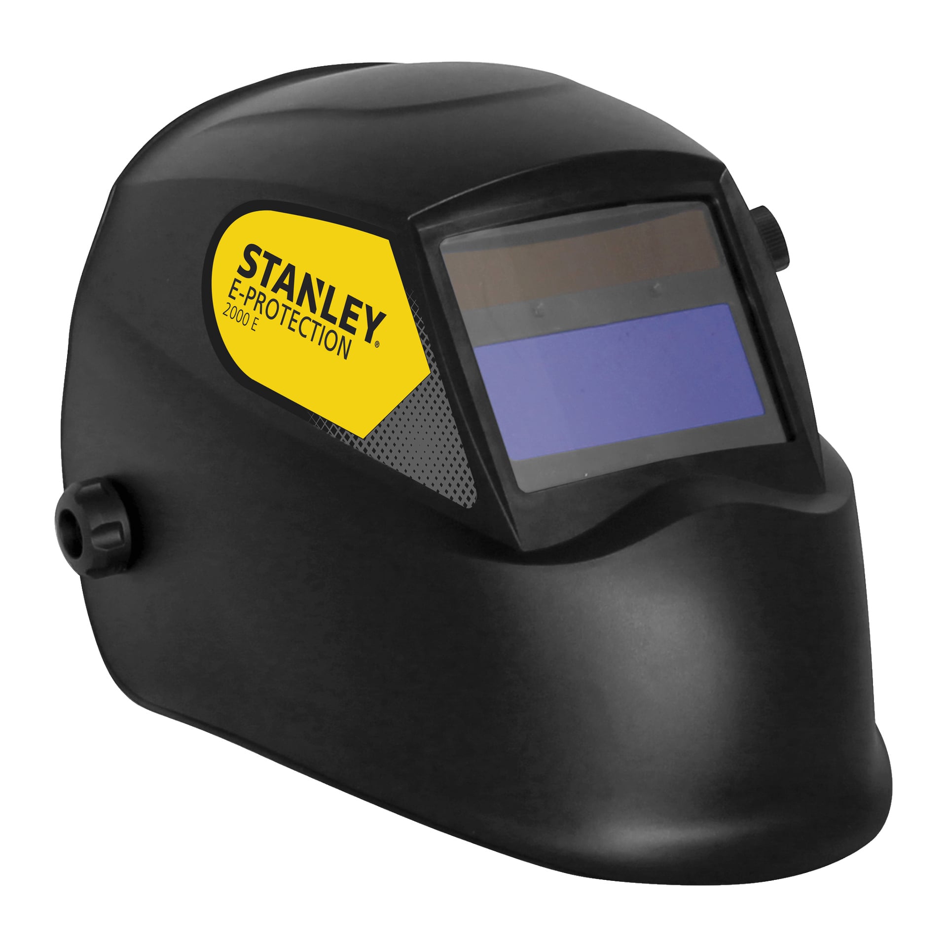 Musta Stanley Welding -kypärä 2000E, jossa on suorakaiteen muotoinen katseluikkuna, sivulla keltainen etiketti, jossa lukee Stanley, ja säädettävä nuppi vasemmalla.