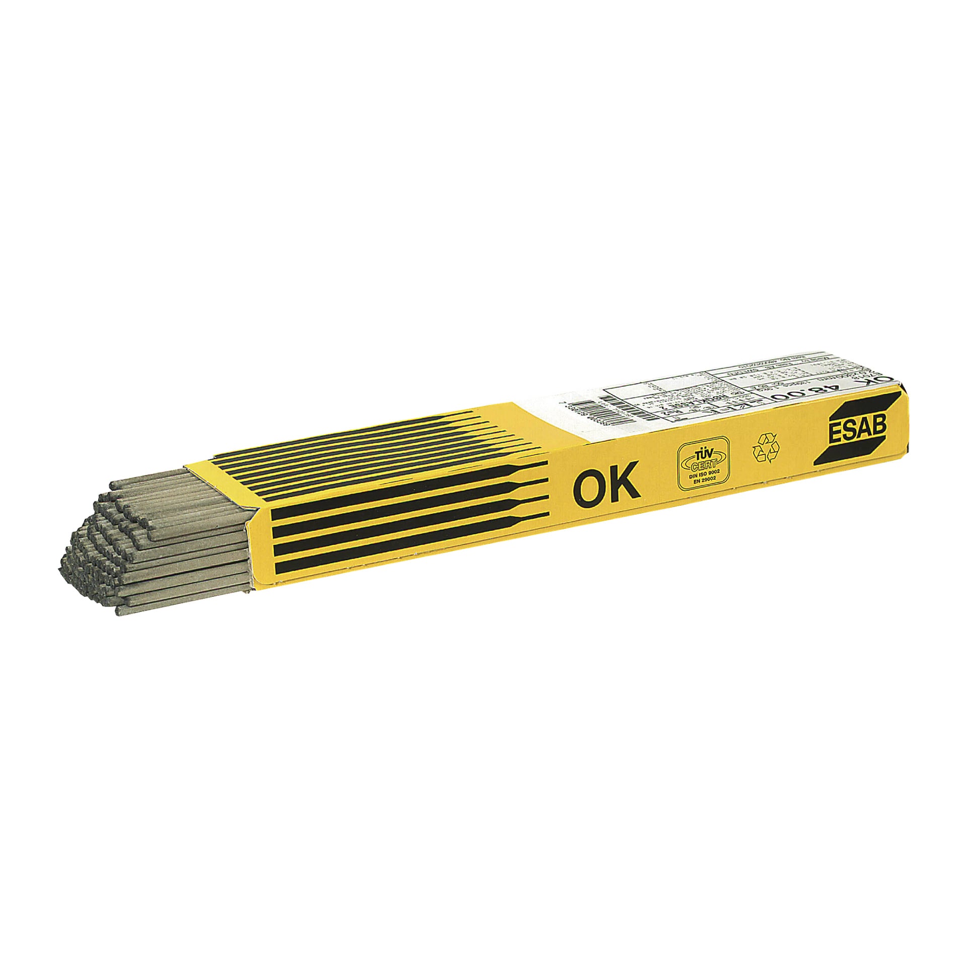 Żółto-czarne pudełko ESAB oznaczone jako "Basic welding electrodes OK 48.00" mieści kilka szarych elektrod spawalniczych, z których kilka wystaję, ukazując ich okrągły kształt i metaliczne końcówki.