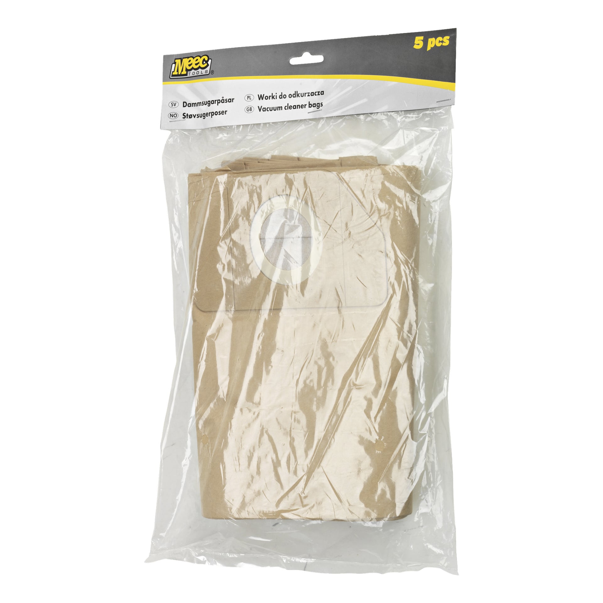 Ett genomskinligt plastpaket från Meec Tools rymmer fem bruna pappersdammsugarpåsar, var och en med en rund vit koppling. Etiketten säger "Vacuum cleaner bags 5pack" och innehåller produktuppgifter på flera språk.