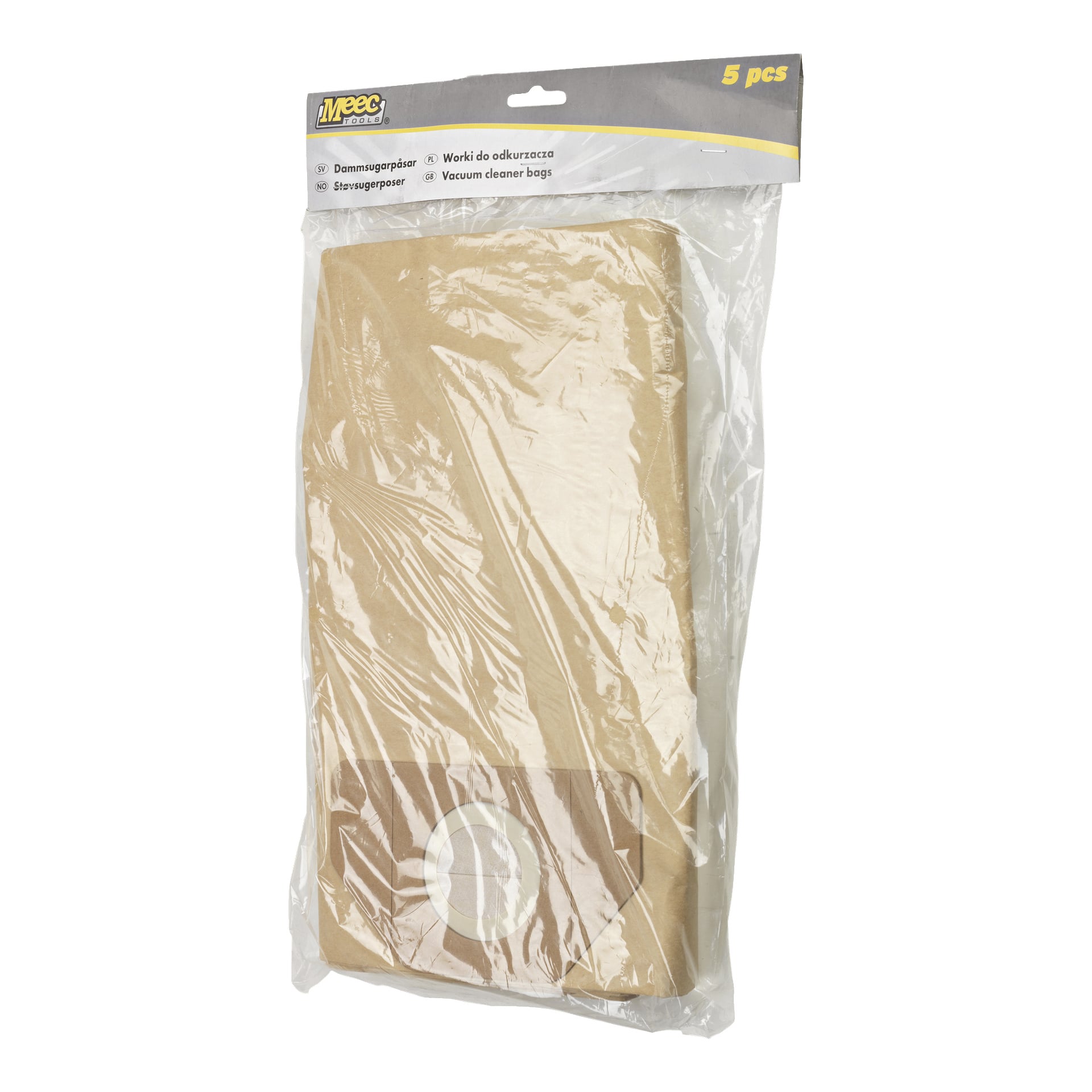 Ett genomskinligt plastpaket märkt med varumärket Meec Tools rymmer fem bruna dammsugarpåsar, var och en med en vit rund öppning.