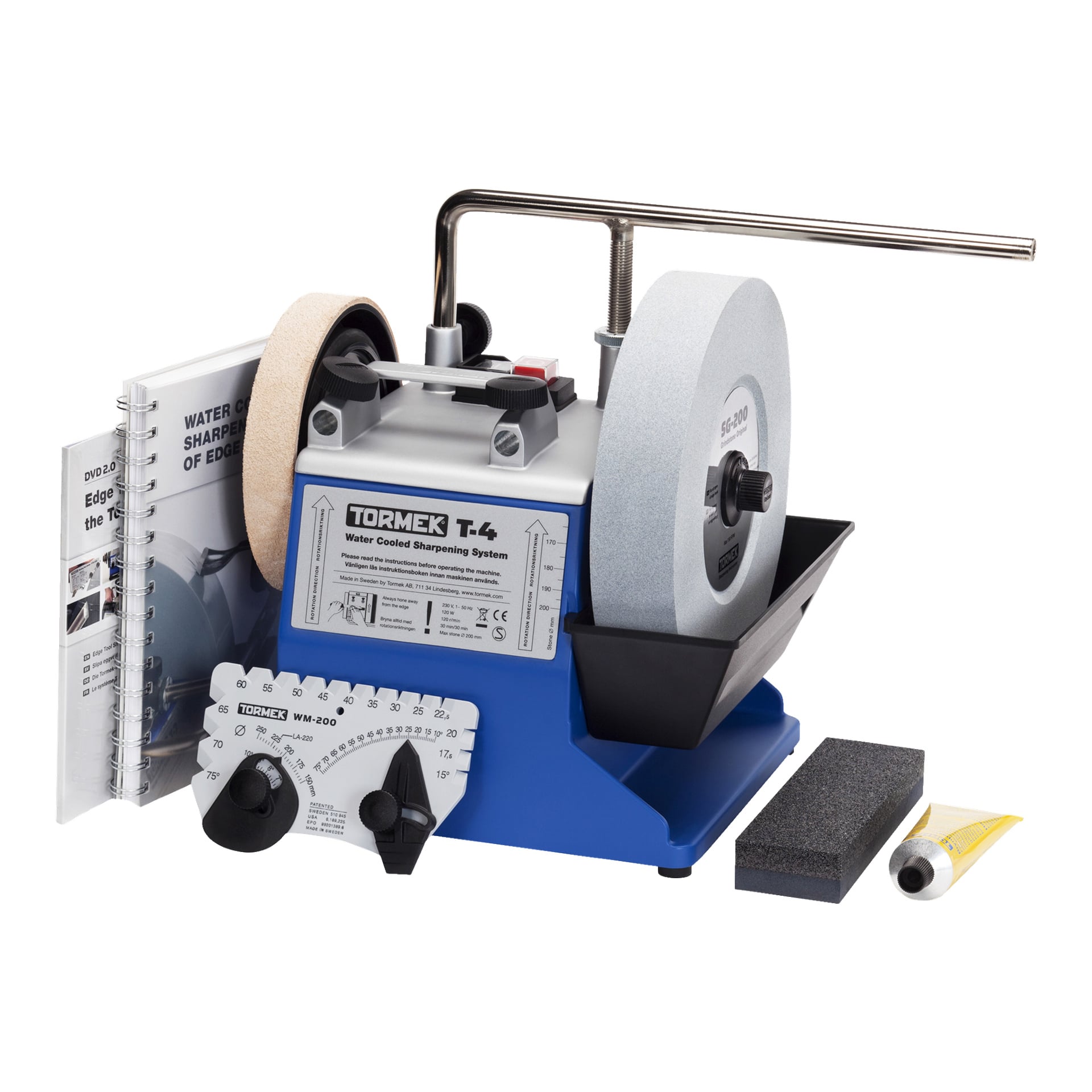 Tormek Wet Grinder T-4 levereras med guidebok, vinkelstyrning, sliprör, slipskiva, läderslipskiva och en rektangulär slipsten.