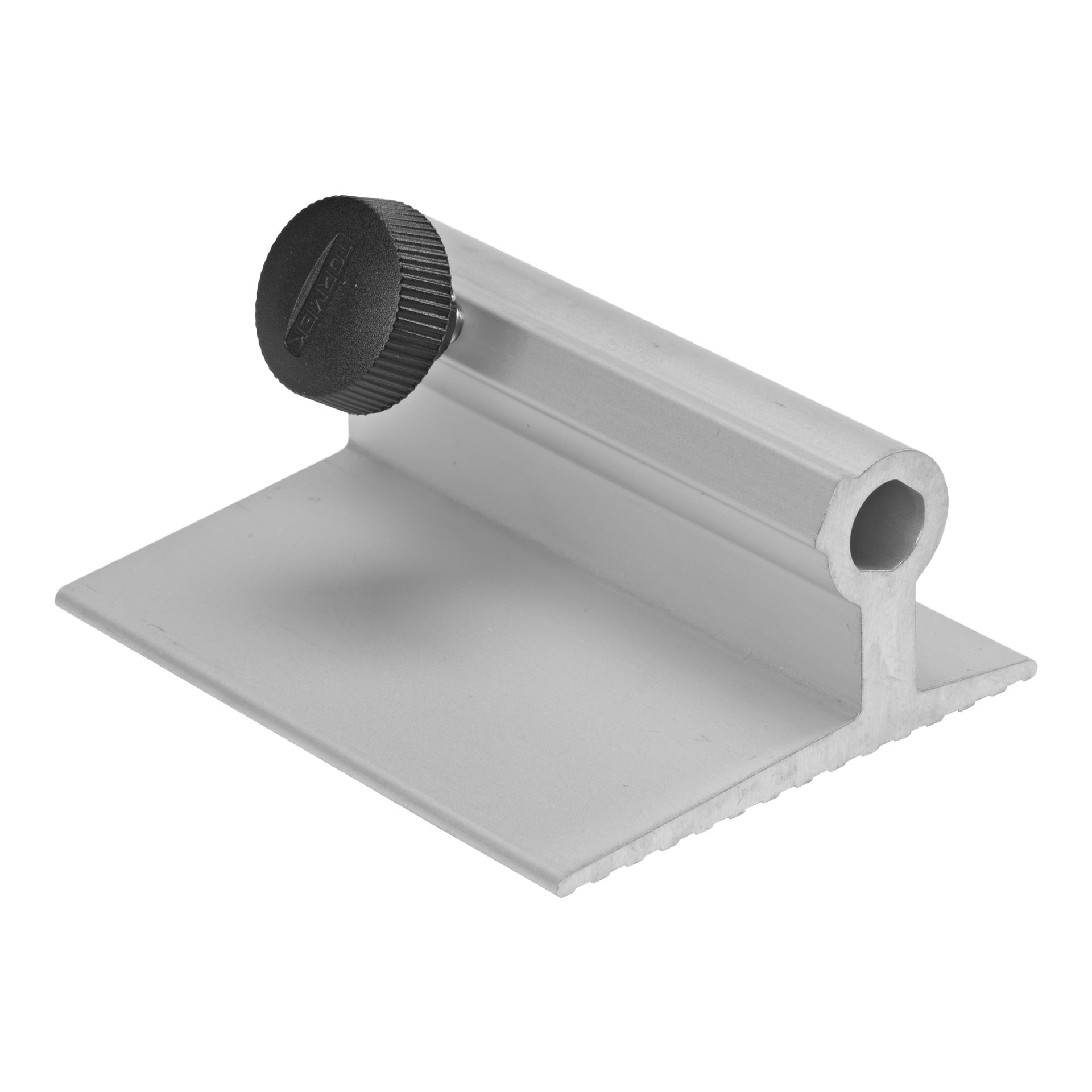 Tormek SVD-110 är ett metallverktyg med platt bas, upprätt kant i rät vinkel och en svart tumskruv monterad ovanpå för exakt justering eller mätning.