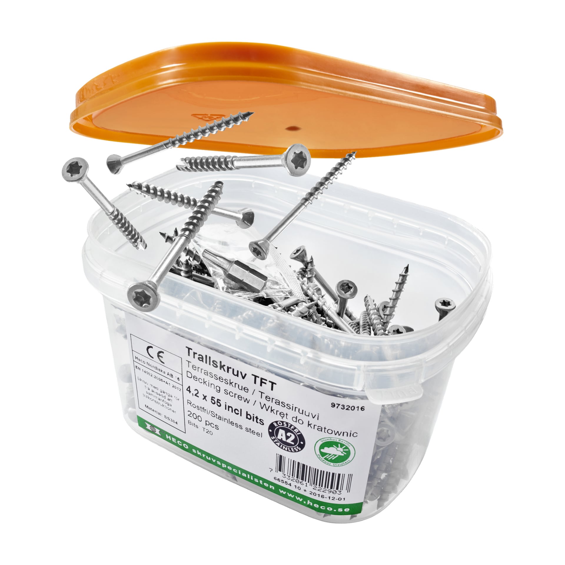 En genomskinlig plastburk med orange lock innehåller flera Heco Decking-skruvar, några rinner ut. Etiketten på behållaren visar specifikationer för produkten.