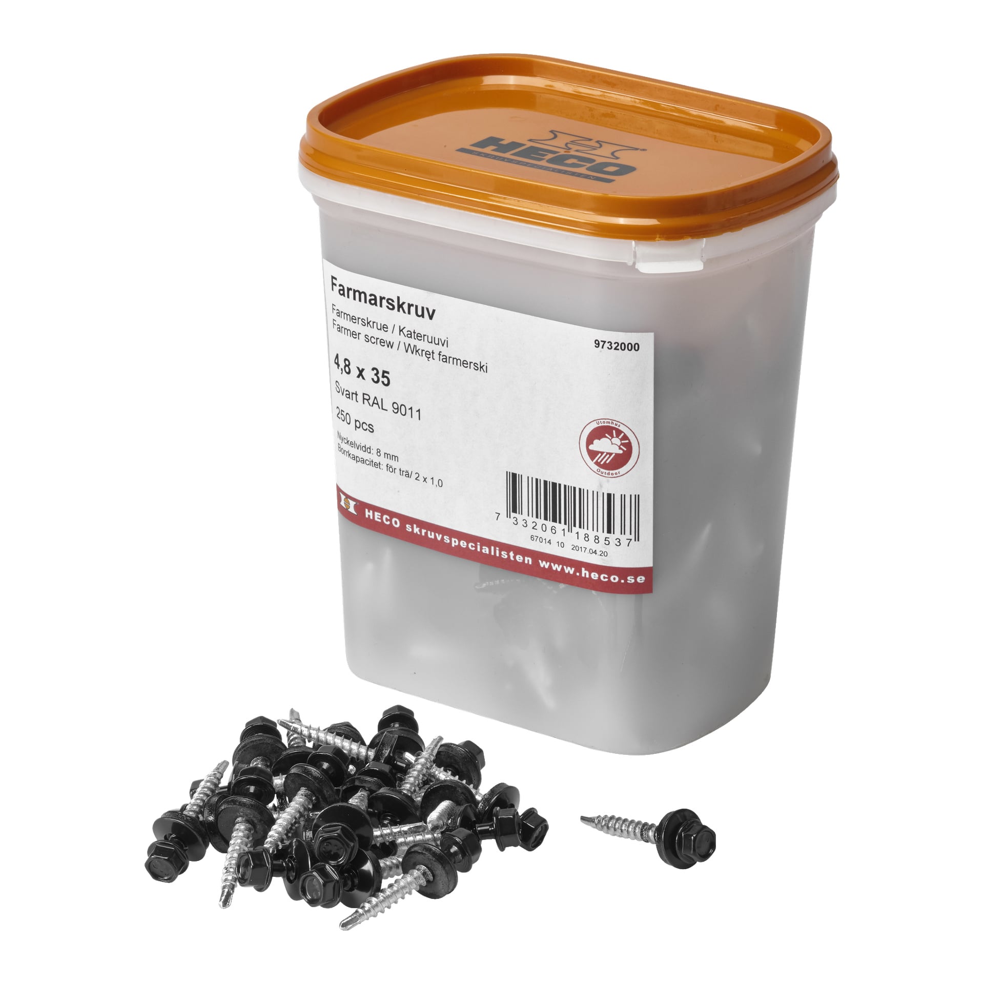 En plastbehållare med orange lock, märkt "Farmer screws" av Heco, innehåller 250 svarta och silverfärgade skruvar. Flera skruvar ligger framför behållaren. Etiketten visar produkt- och storleksinformation.