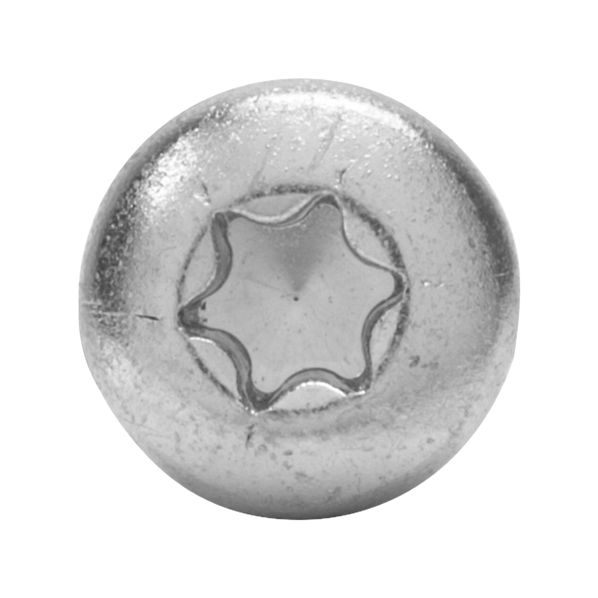 Närbild av ett silverfärgat Heco-träskruvhuvud som visar dess unika sexuddiga, stjärnformade Torx-drivning.