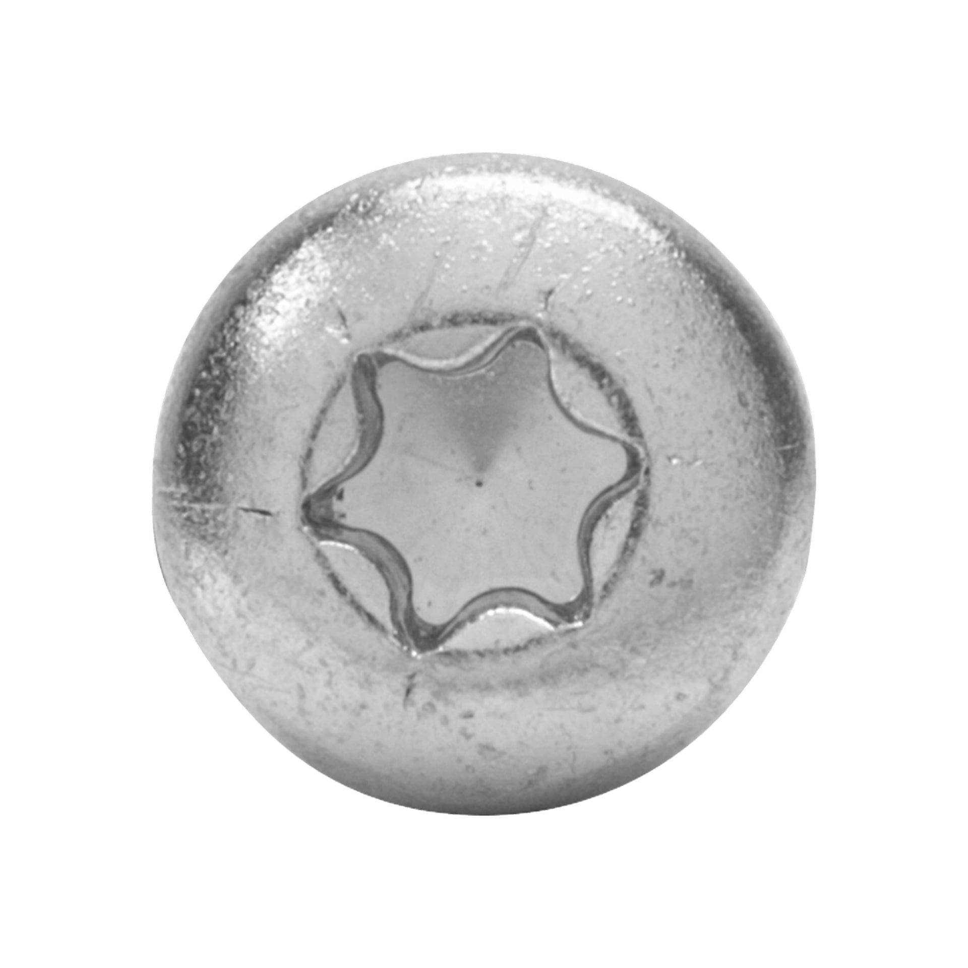 Närbild på ett Heco-träskruvhuvud som visar en något sliten, texturerad yta med en sexuddig Torx-hylsa.
