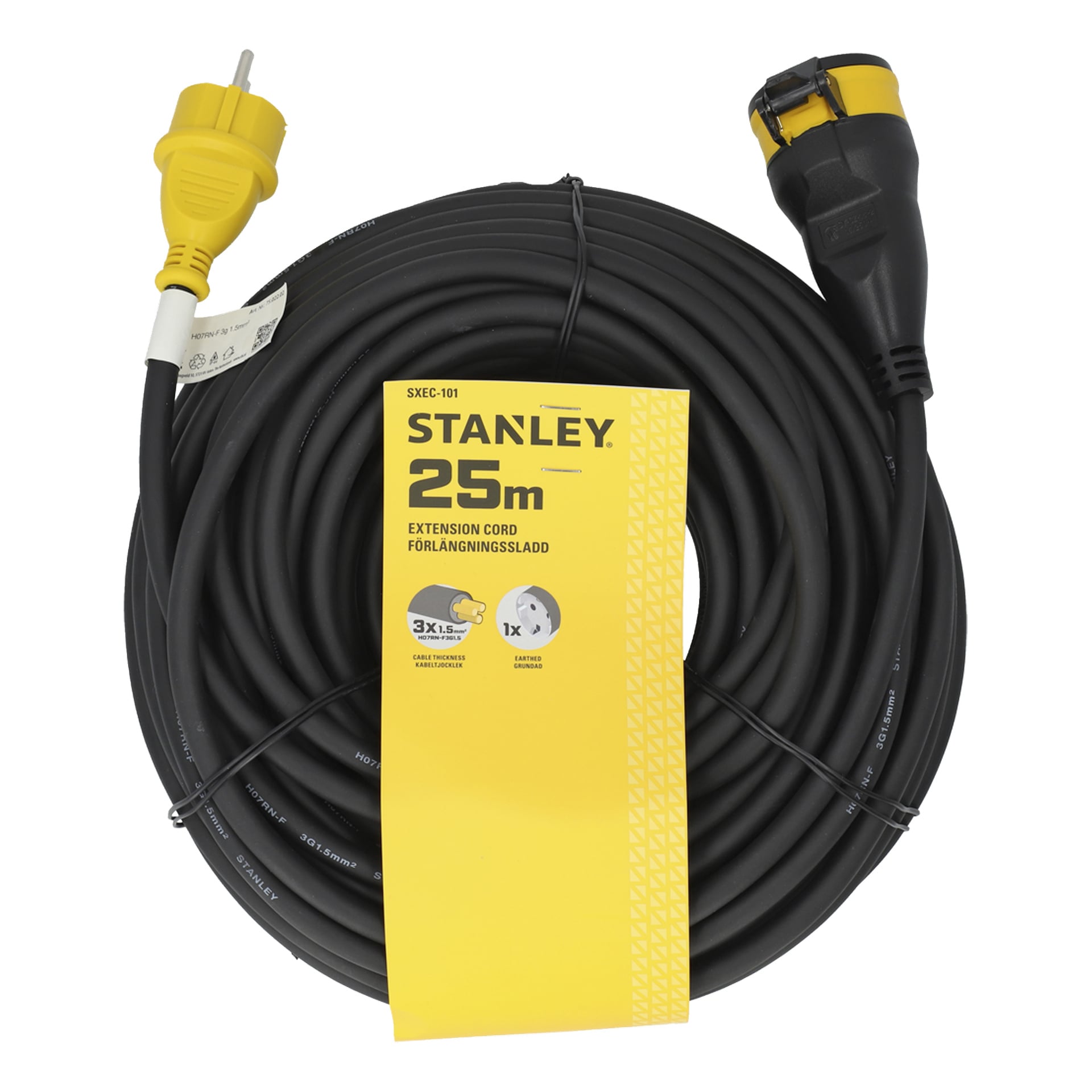 En 25 meter lang svart coiled Stanley skjøteledning med gul plugg og stikkontakt; Etiketten viser produktdetaljer og merkevare.