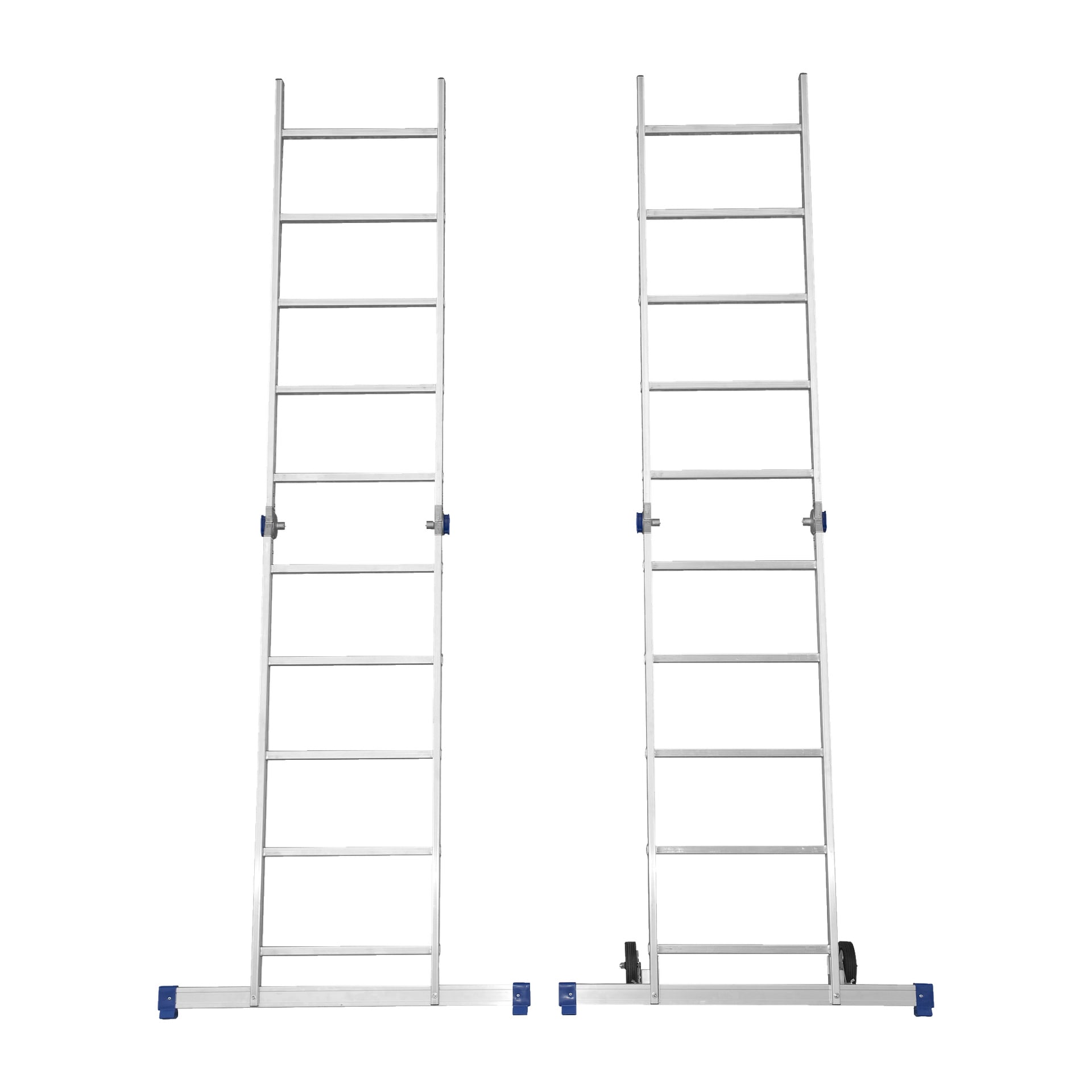 Två Facas Multi-ställningsenheter byggda av silveraluminium med blå stabilisatorstänger står upprätt bredvid varandra. Varje steg har rektangulära steg och är förlängd till olika höjd.