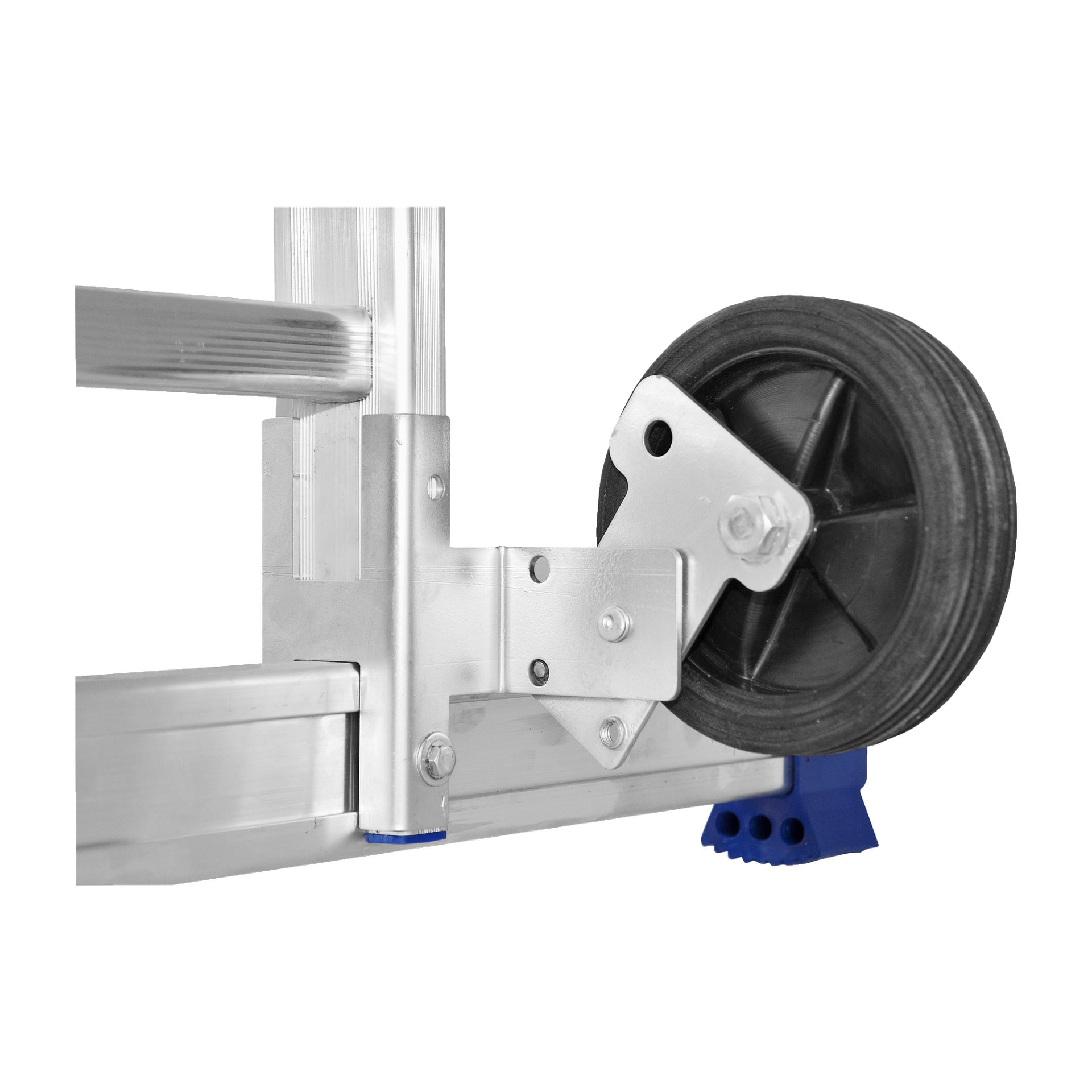 Detaillierte Ansicht eines schwarzen Gummirads, das auf dem Metallrahmen des Facas-Multi-Gerüstsystems montiert ist. Das Setup verfügt über Schrauben und blaue Kunststoffteile an der Basis, die Stabilität und Unterstützung verbessern.
